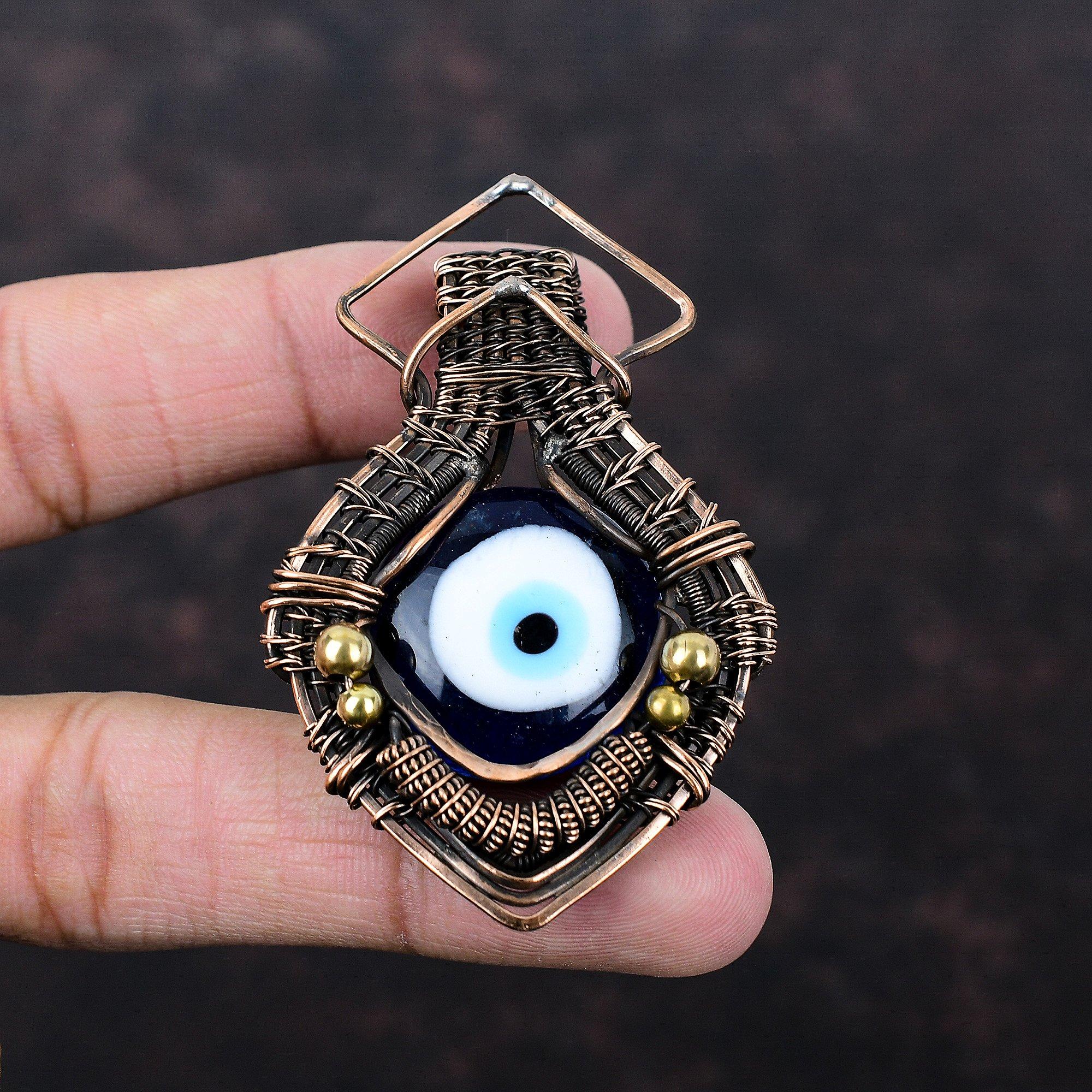 Blue Color Evil Eye Pendant Copper Wire Wrapped Gemstone Pendant Evil Eye Jewelry Handmade Copper Pendant Wire Wrap Pendant Anniversary Gift