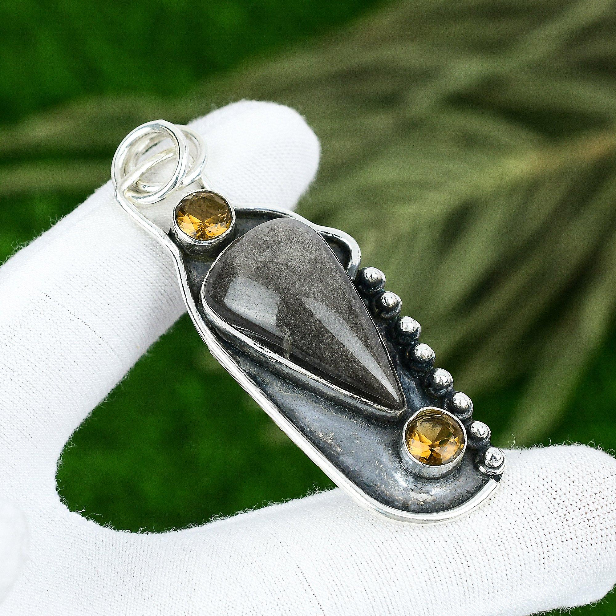 Gift For Women Pendant 925 Silver Natural Silver Sheen Obsidian Gemstone