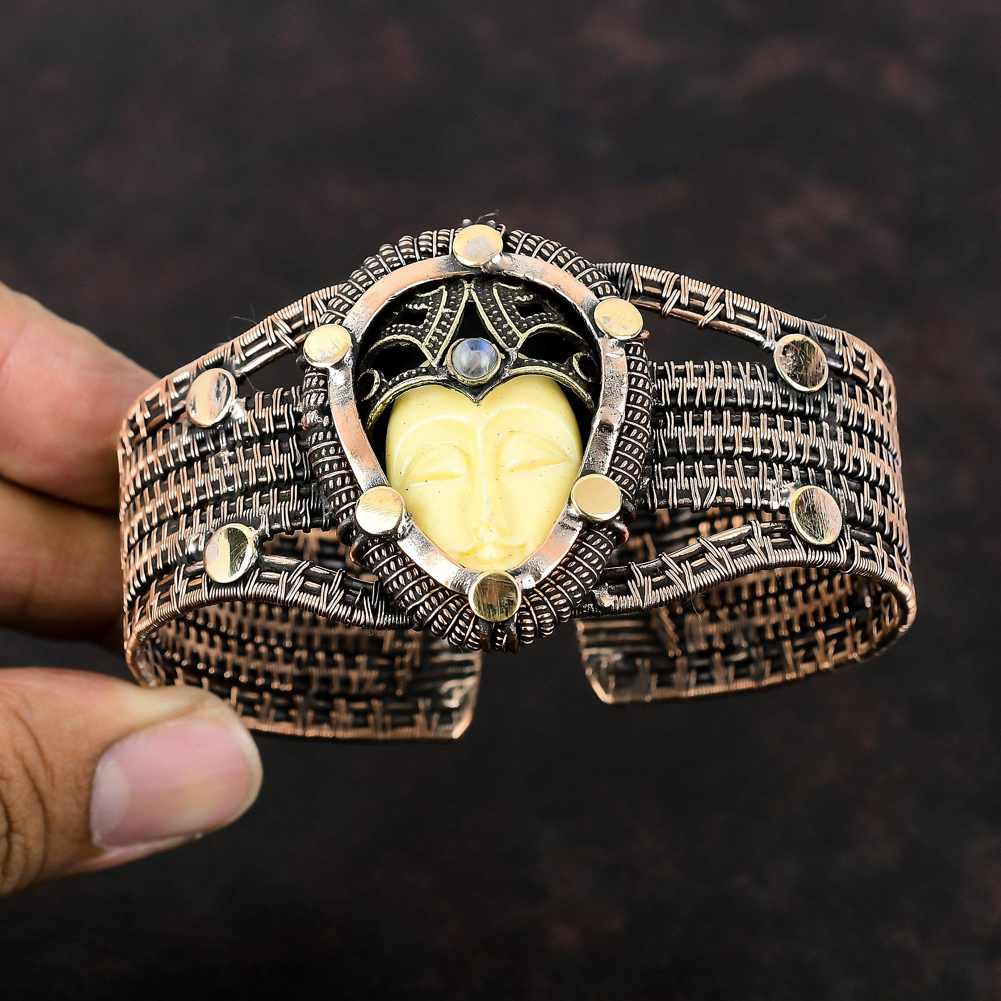 White Carved Bone Face Cuff Bracelet Copper Wire Wrapped Gemstone Bangle Adjustable Cuff Bracelet Moonstone Bangle Handmade Copper Jewelry