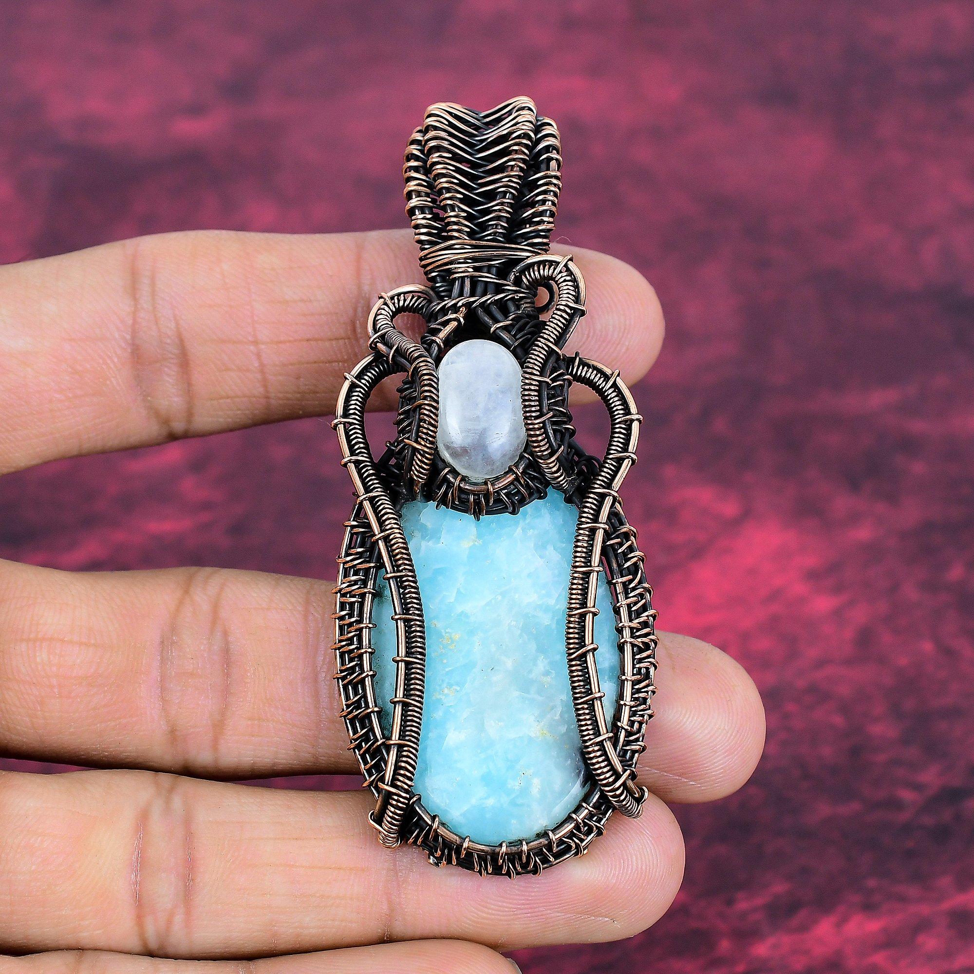 Larimar Pendant Rainbow Moonstone Pendant Copper Wire Wrapped Gemstone Jewelry
