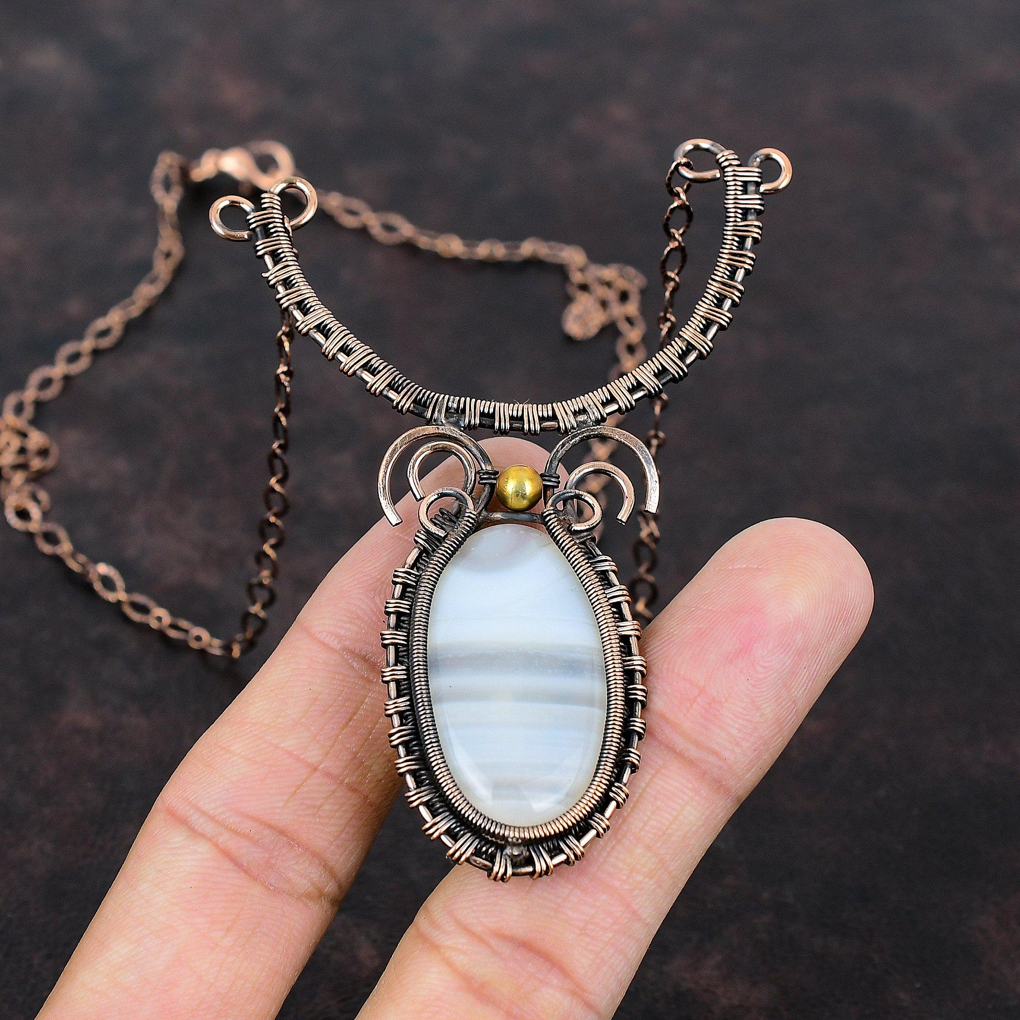 Botswana Agate Necklace Copper Wire Wrapped Necklace Handmade Jewelry Designer Necklace Adjustable Gemstone Necklace Copper Jewelry For Gift