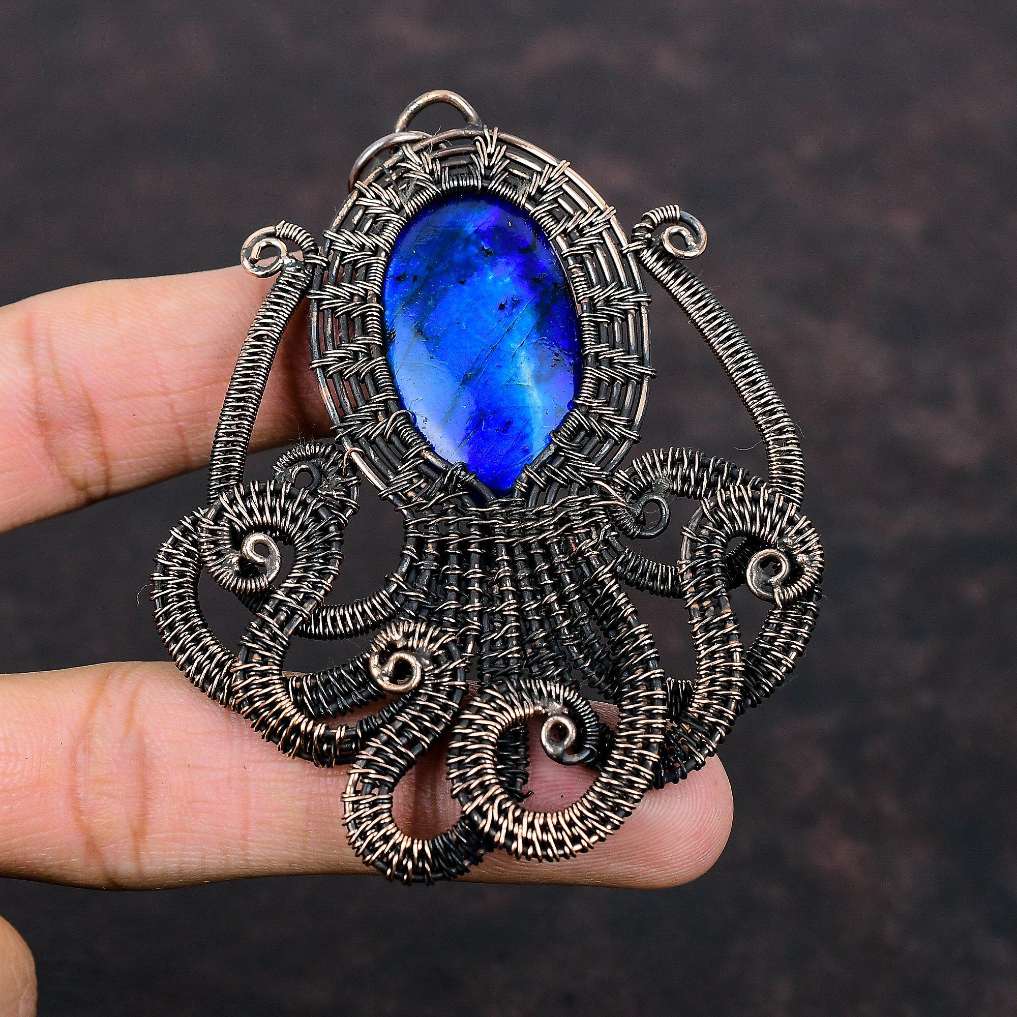 Blue Fire Labradorite Pendant Copper Wire Wrapped Gemstone Pendant Handmade Wire Wrapped Jewelry Octopus Pendant Copper Jewelry Gift For Mom