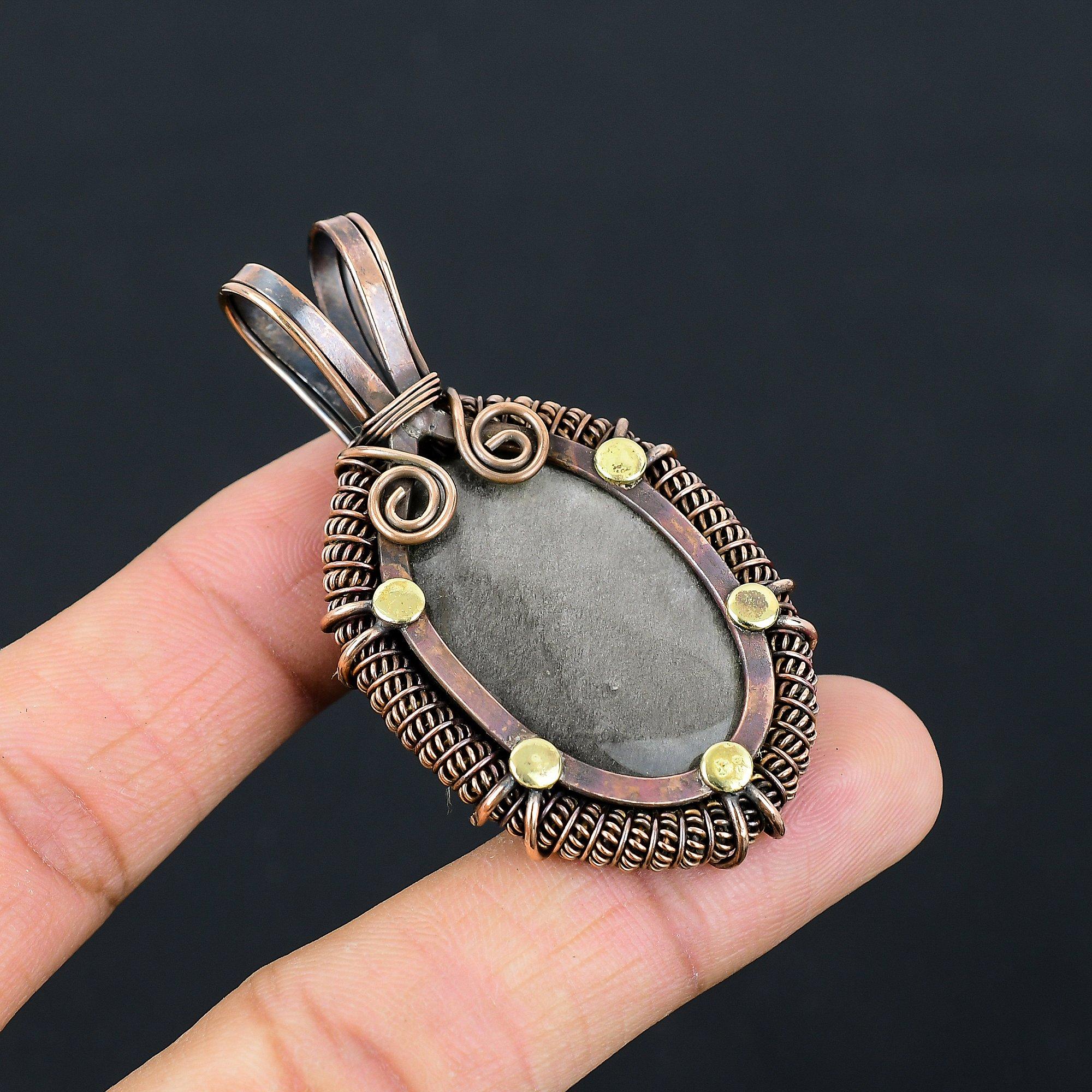Silver Sheen Obsidian Gemstone Pure Copper Wire Wrapped Handmade Pendant Jewelry
