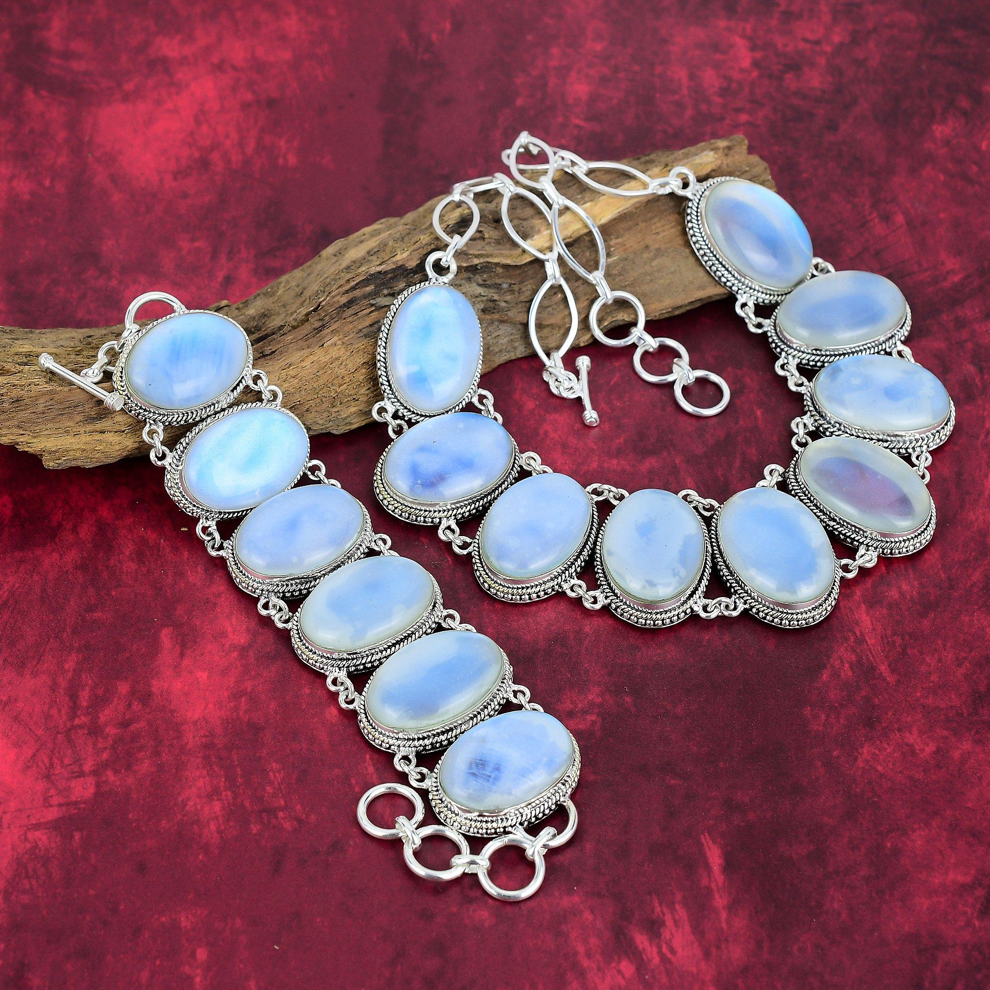 Milky Opal Gemstone Jewelry, Handmade 925 Solid Sterling Silver Bracelet & Necklace, Opal Jewelry Set For Love