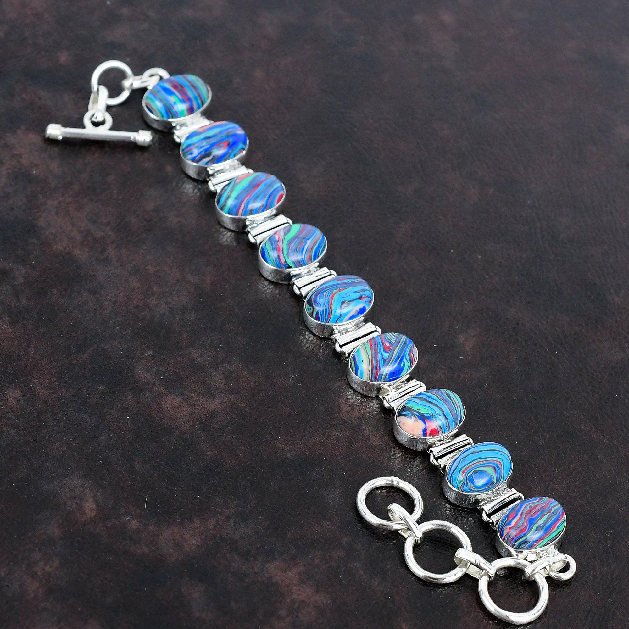 Rainbow Calsilica Bracelet 925 Sterling Silver Bracelet Handmade Bracelet Adjustable Chain Bracelet Gemstone Antique Jewelry Gifts For Him
