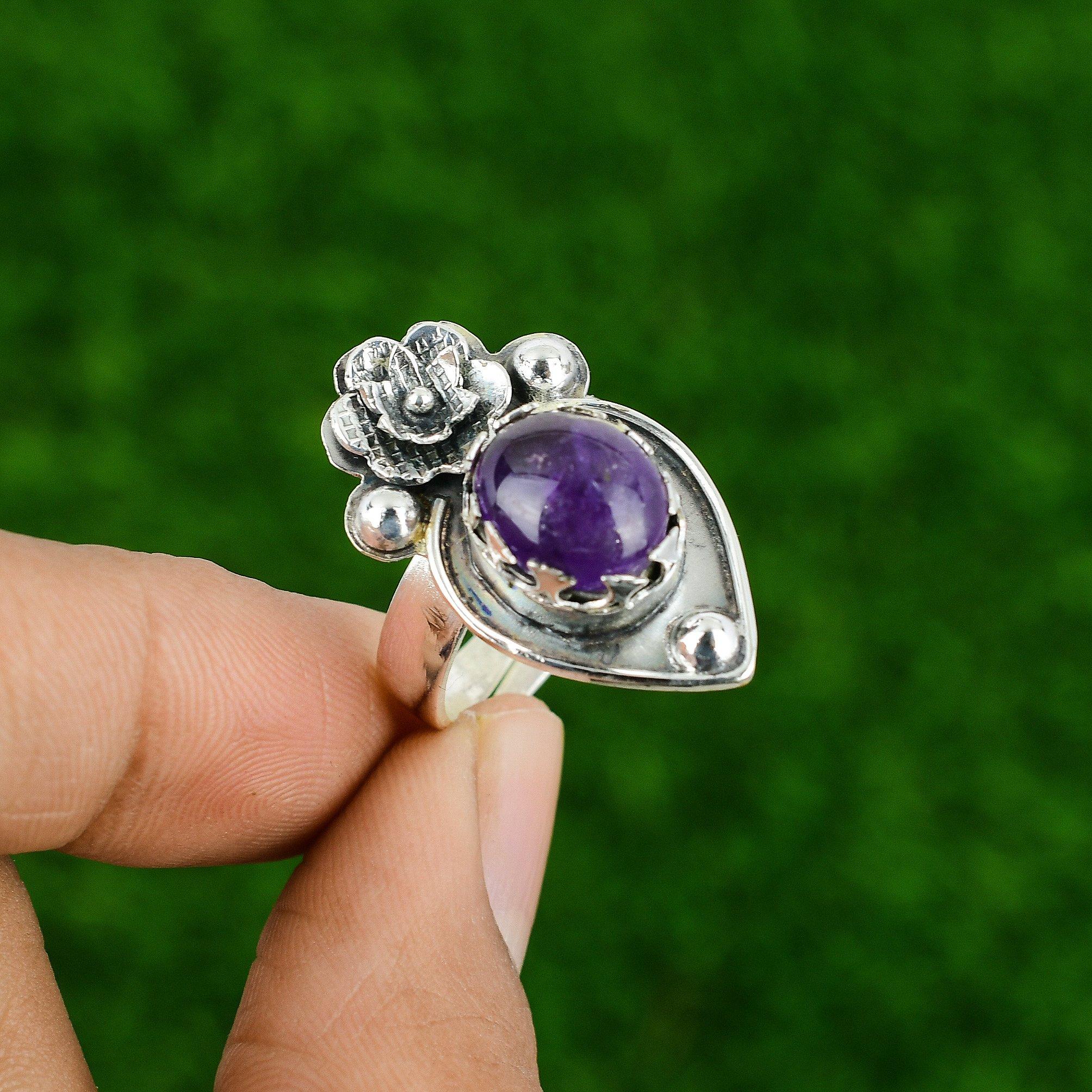 Natural African Amethyst Statement Flower Adjustable Ring 925 Silver For Girls