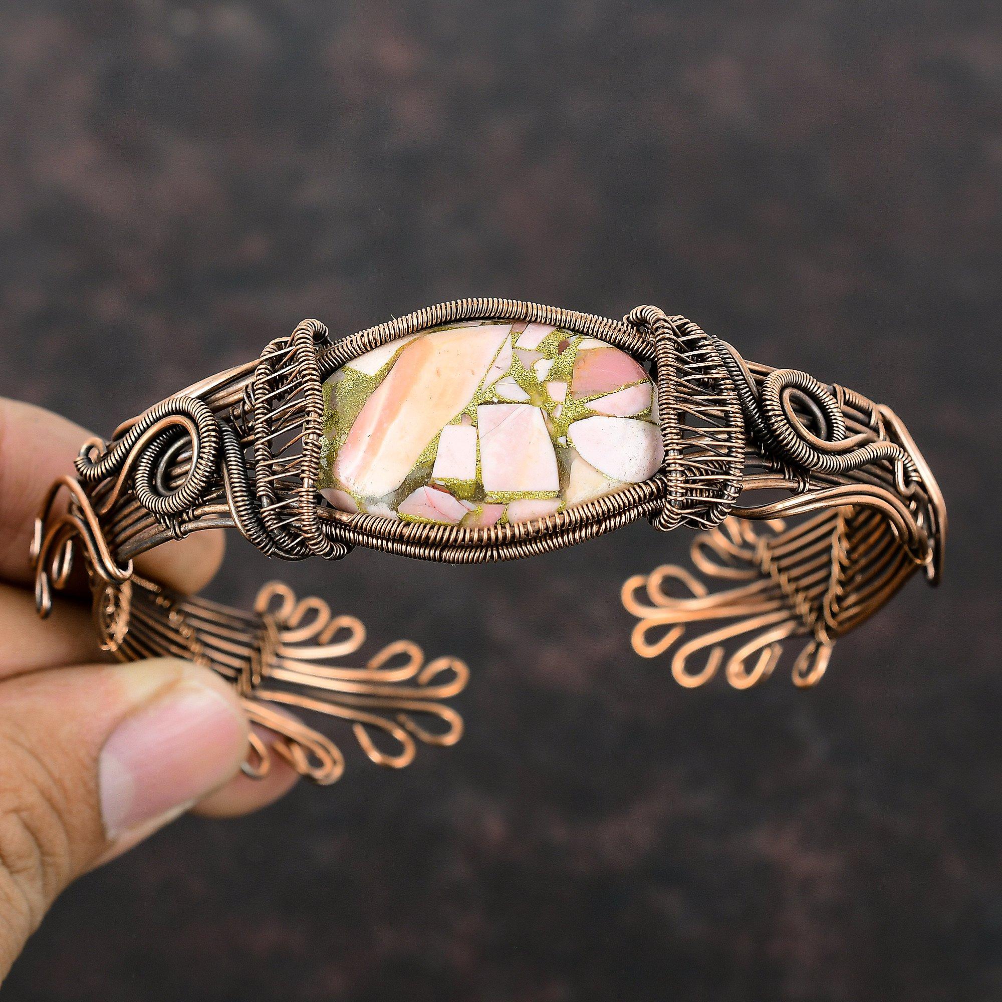 Copper Pink Opal Bangle Copper Wire Wrapped Cuff Bracelet Adjustable Bangle Wire Wrap Jewelry Gemstone Bangle Gift For Mom Handmade Bracelet