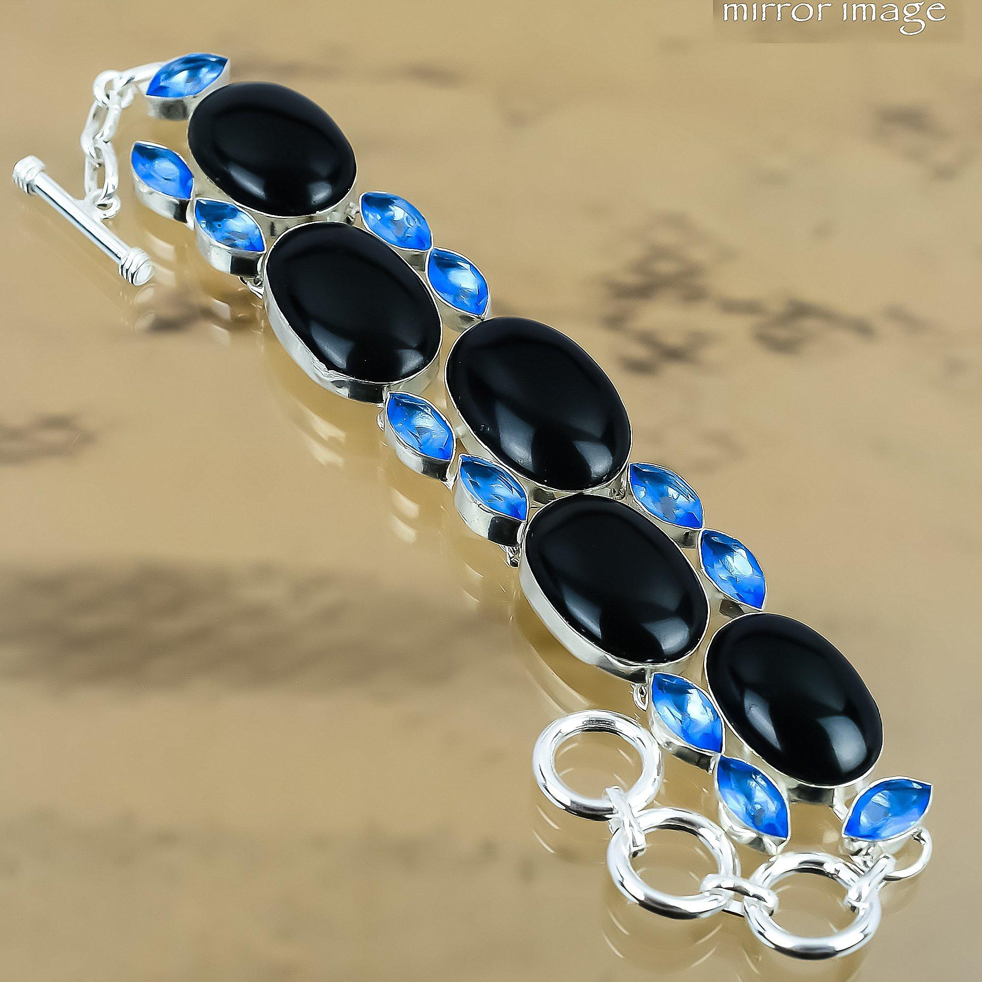 Wedding Gift For Her 925 Silver Natural Black Onyx Chain Adjustable Bracelet