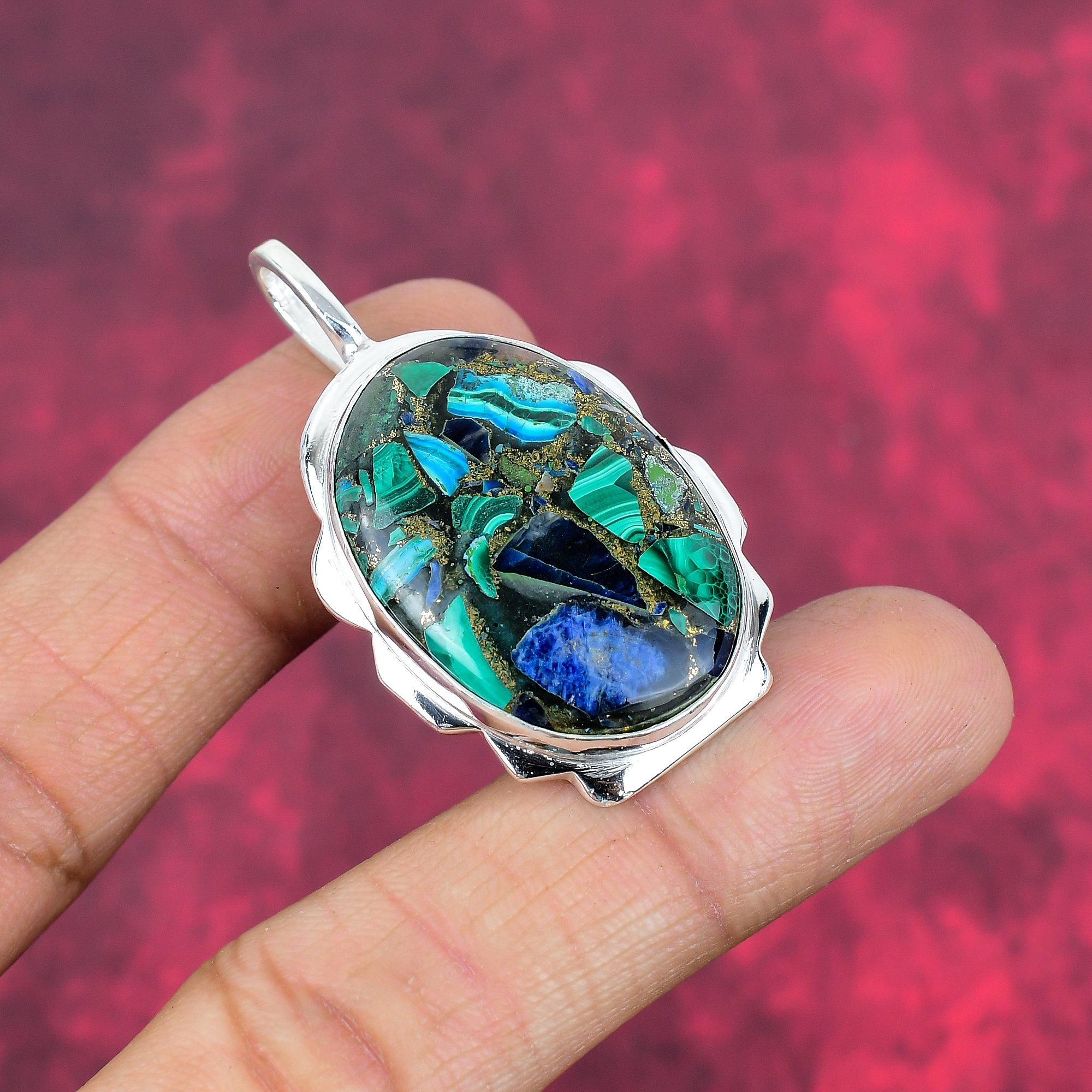 Copper Azurite Malachite Pendant, 925 Solid Sterling Silver Gemstone Jewelry, Handmade Pendant, For Memorial Day