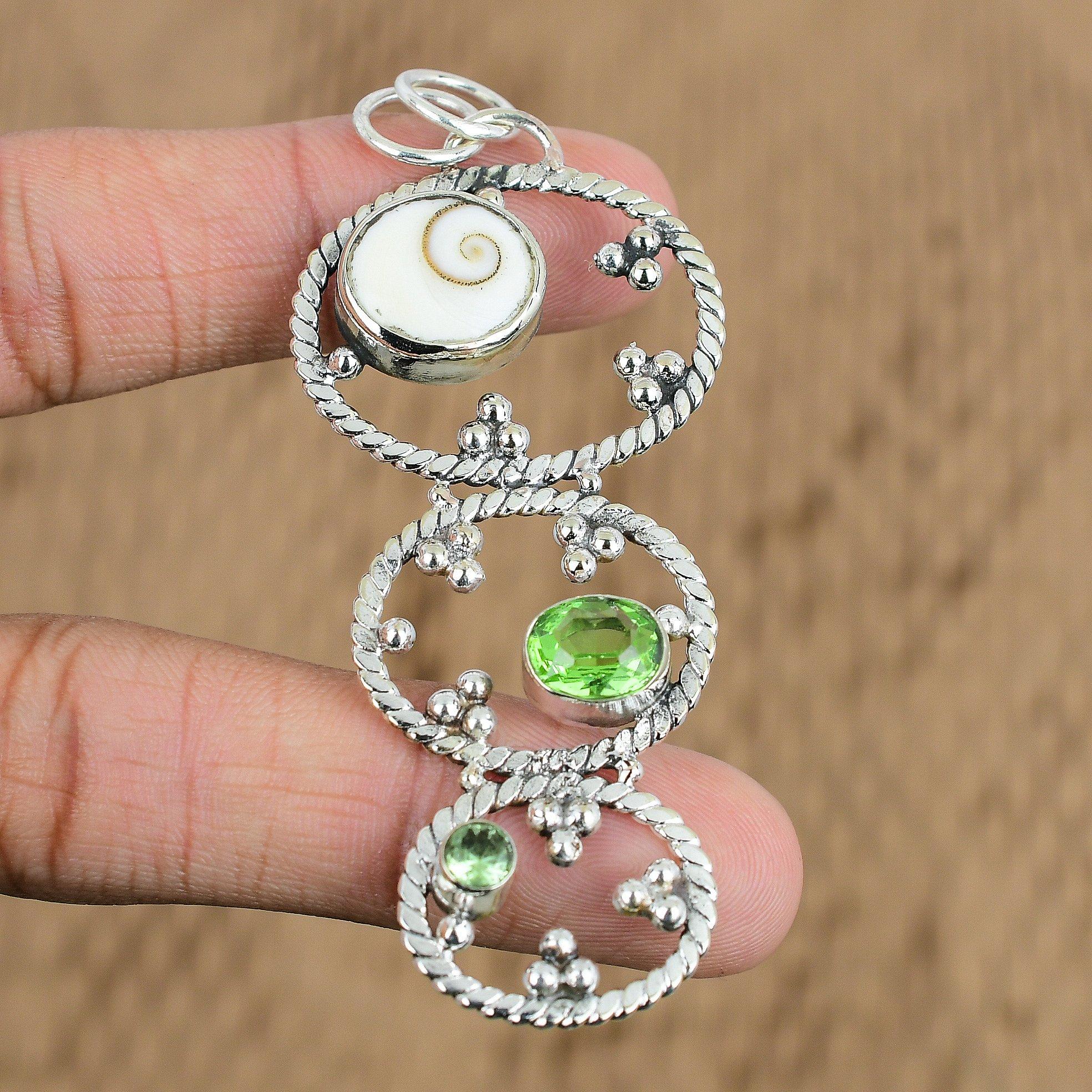 Womens Day Deal Oval Shiva Eye Shell Gemstone Peridot 925 Silver Pendant Jewelry