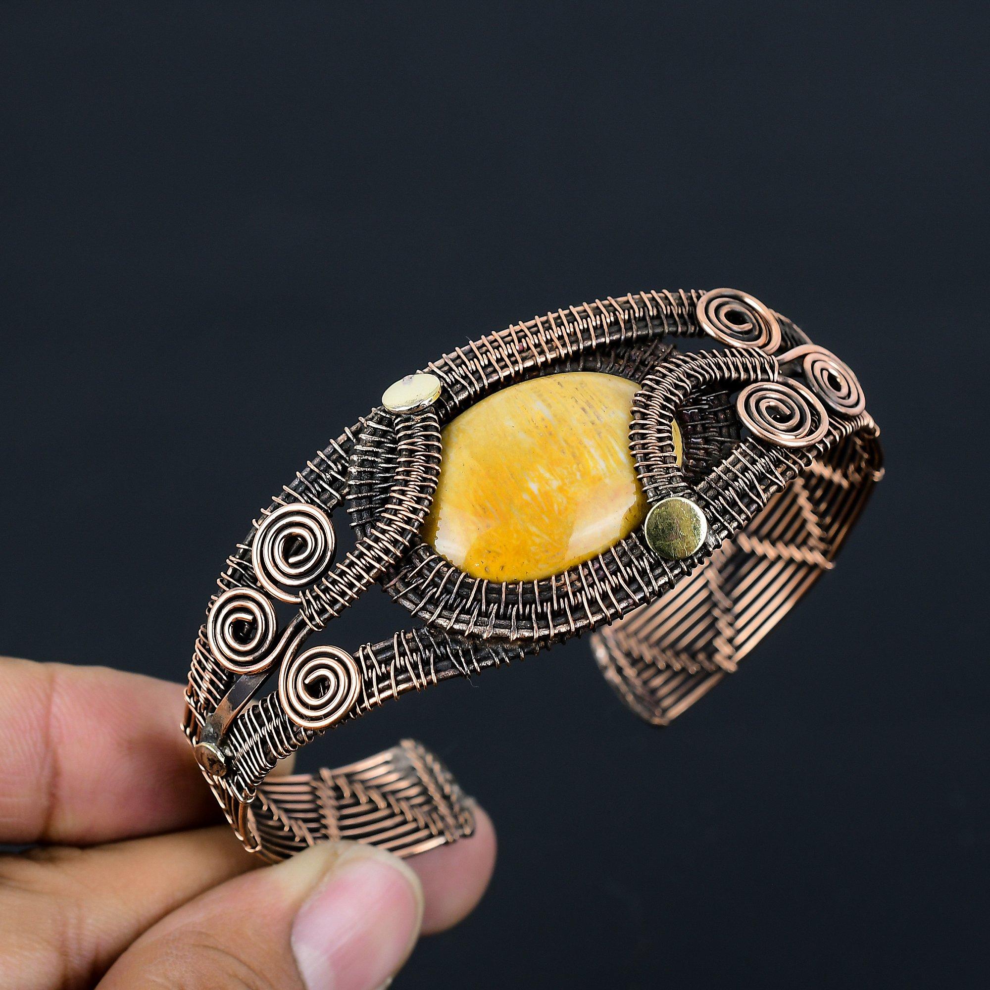 Picture Jasper Gemstone Pure Copper Wire Wrapped Handmade Cuff/Bangle Jewelry