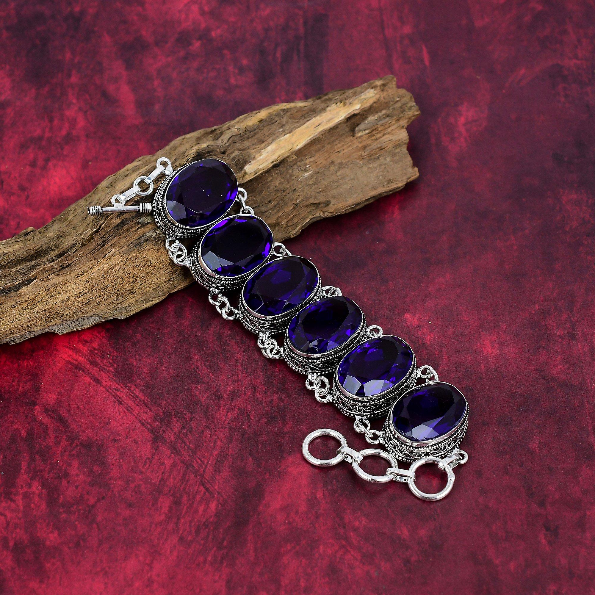 Blaues Saphir Armband, handgefertigtes Edelstein Armband, 925 Sterling Silber Antik Schmuck, Für Verlobungsgeschenk