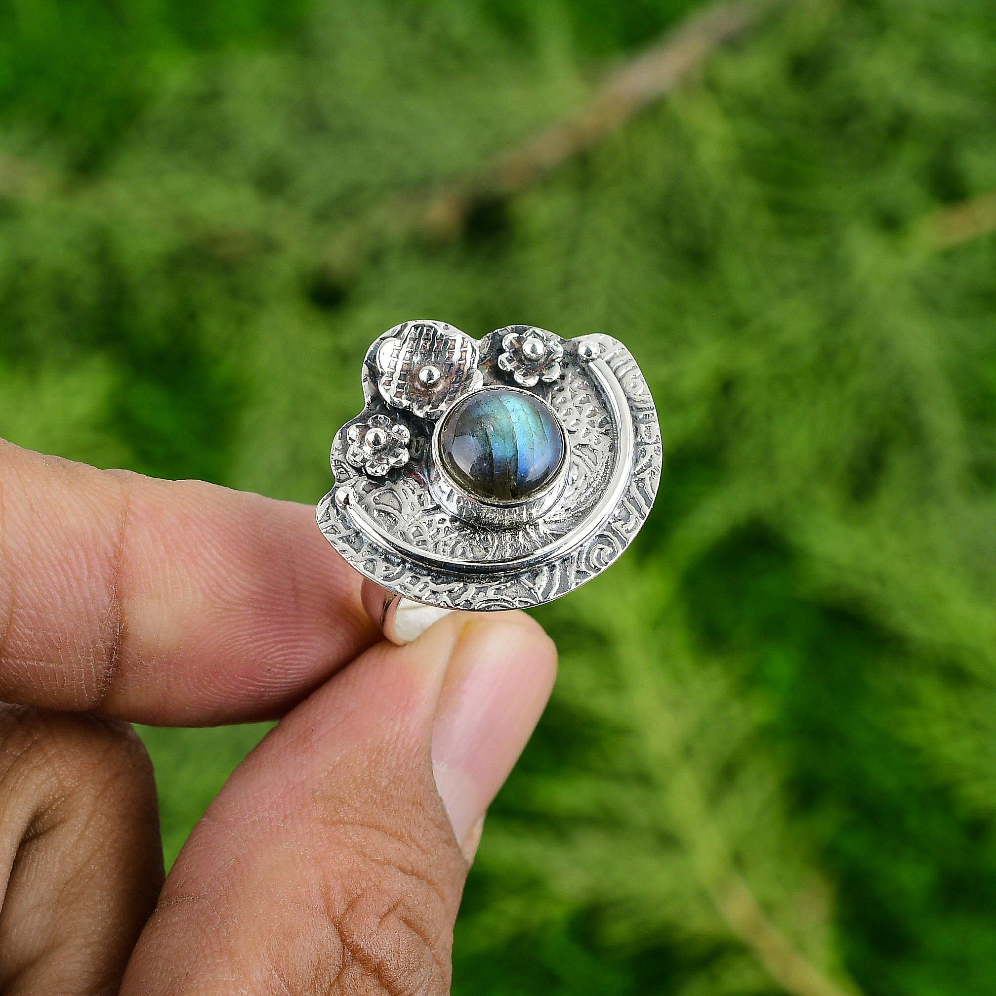 Natural Labradorite Flower Statement Stackable Boho Ring Jewelry Sterling Silver