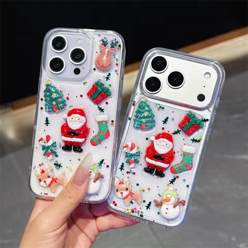 3D Epoxy Christmas Father Santa Claus Clear Phone Case For iPhone 17 Air 16 15 14 13  Pro Max Plus Shockproof Cover Bumper Back Phone Cover