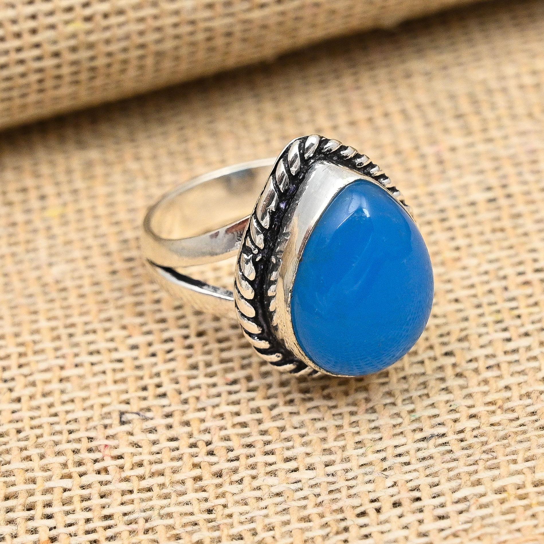 Blue Chalcedony Gemstone Handmade 925 Sterling Silver Ring Jewelry For Christmas