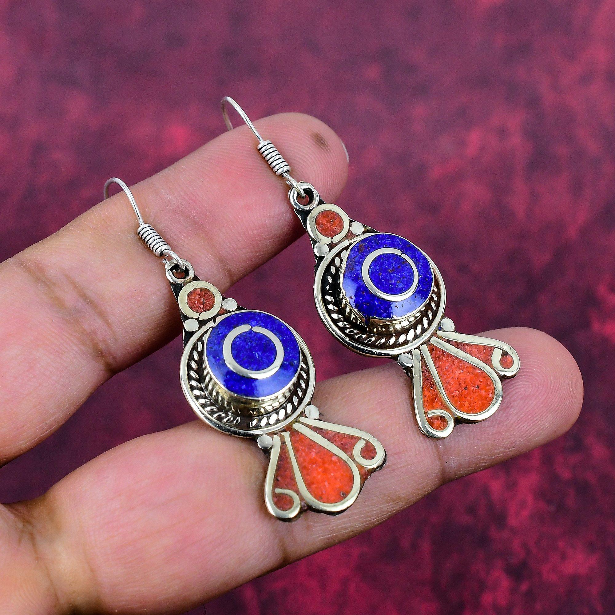 Lapis Lazuli & Coral 925 Solid Sterling Silver Nepali Earrings, Handmade Gemstone Earrings Jewelry, Gifts For Wife Brand New Earrings