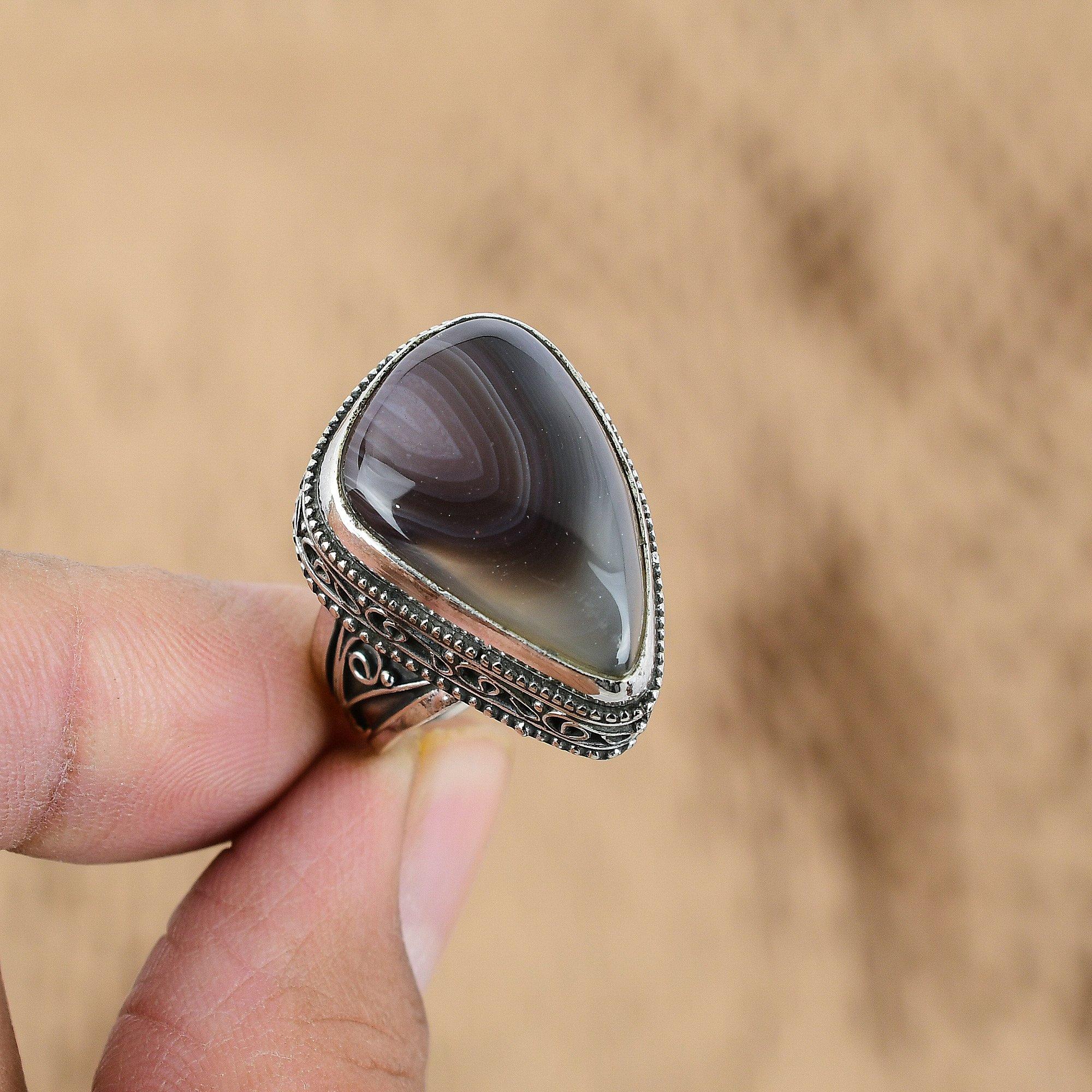 Sterling Silver Botswana Agate Stone Wedding Promise Vintage Ring Jewelry US 7.5