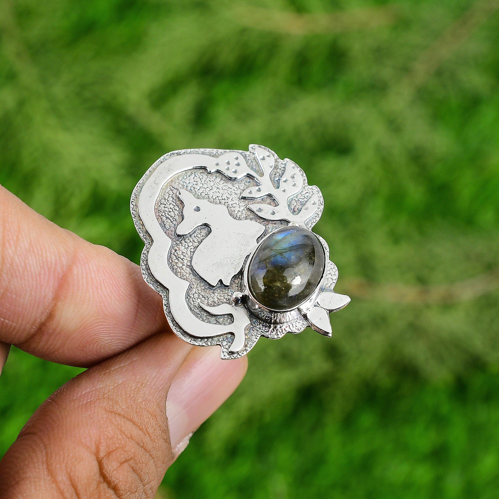 Natural Labradorite Sterling Silver Promise Bezel Third Eye Chakra Ring Jewelry