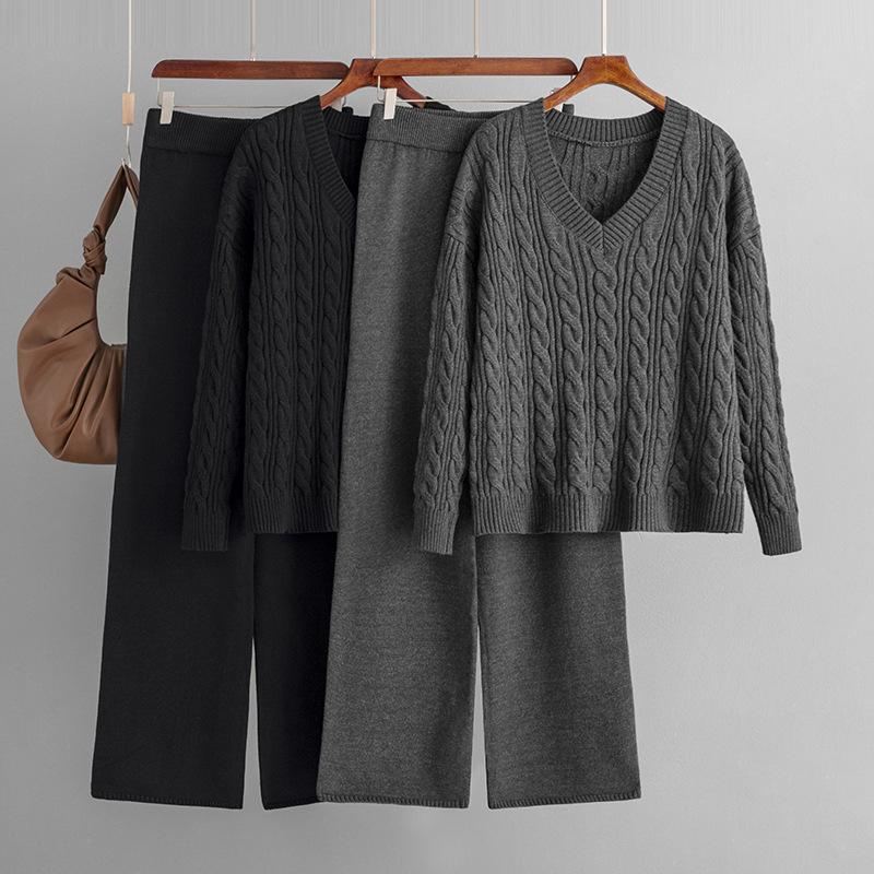 Women's Autumn And Winter Wide Leg Pants Sweater Two-Piece Set Women's V Neck Knitted Set