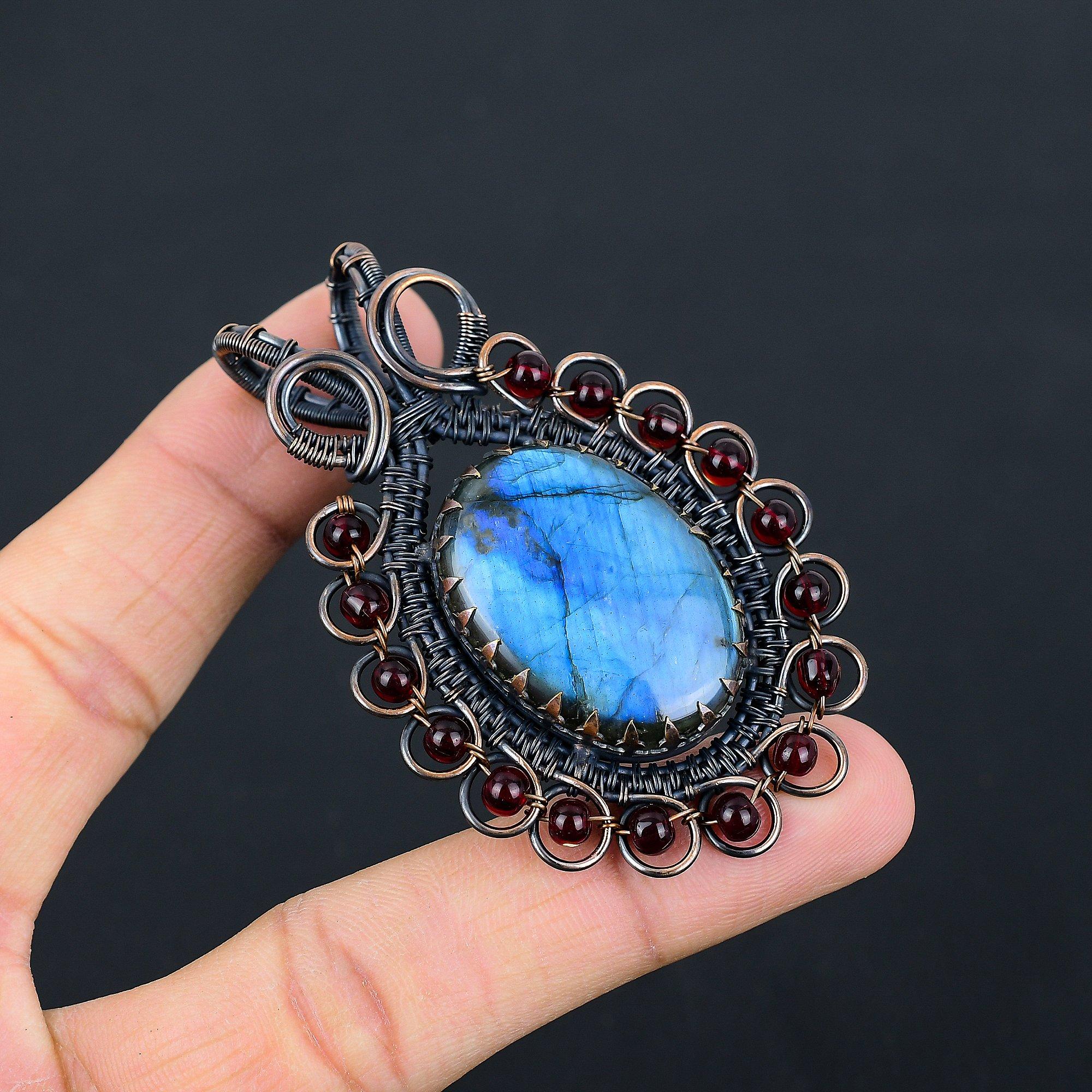 Fancy Labradorite Gemstone Pure Copper Wire Wrapped Handmade Pendant Jewelry