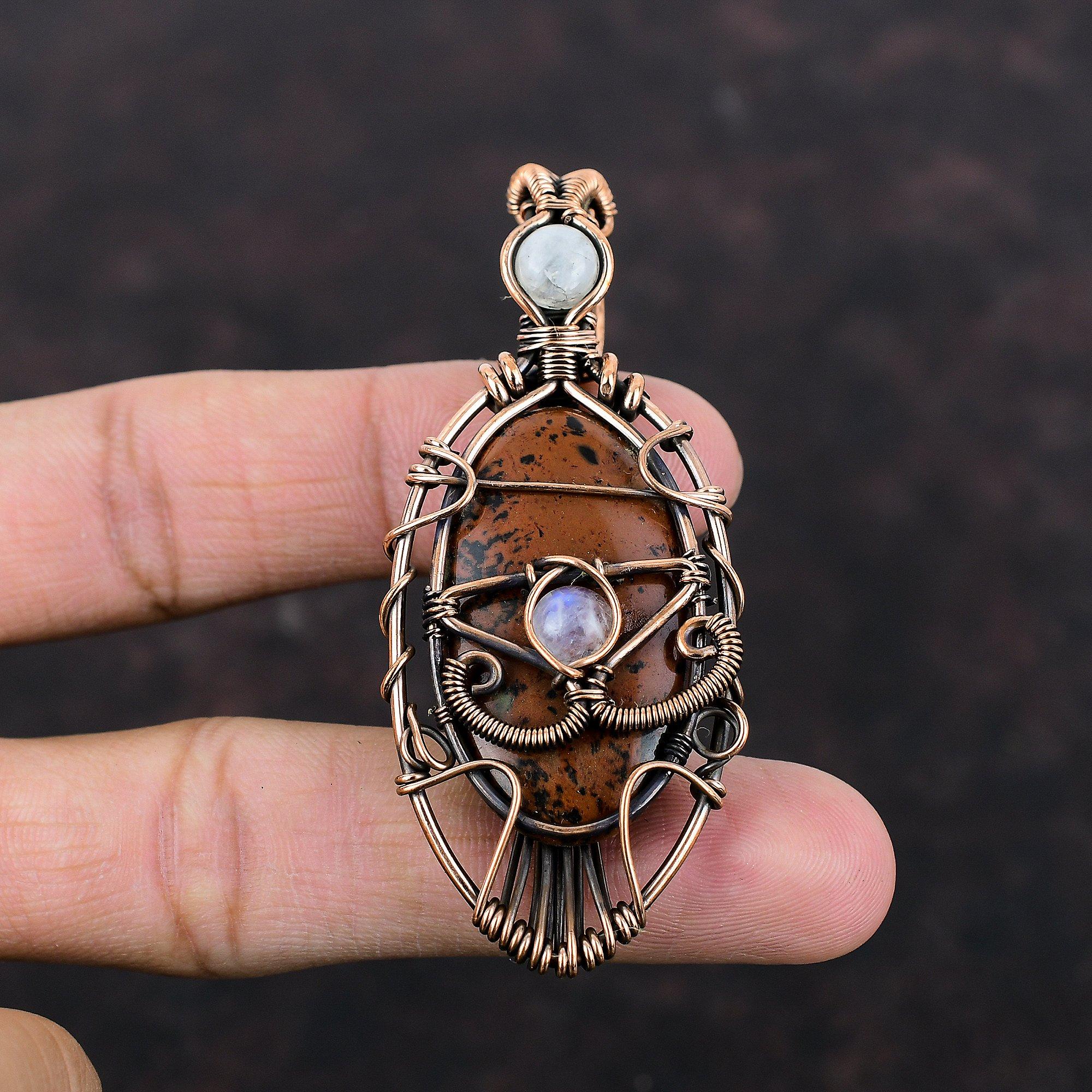 Pandantiv Ochiul Răului Obsidian Mahon Pandantiv Înfășurat cu Sârmă de Cupru Pandantiv Piatra Lunii Bijuterii Înfășurate cu Sârmă de Cupru Pandantiv Piatră Prețioasă Pandantiv Făcut Manual