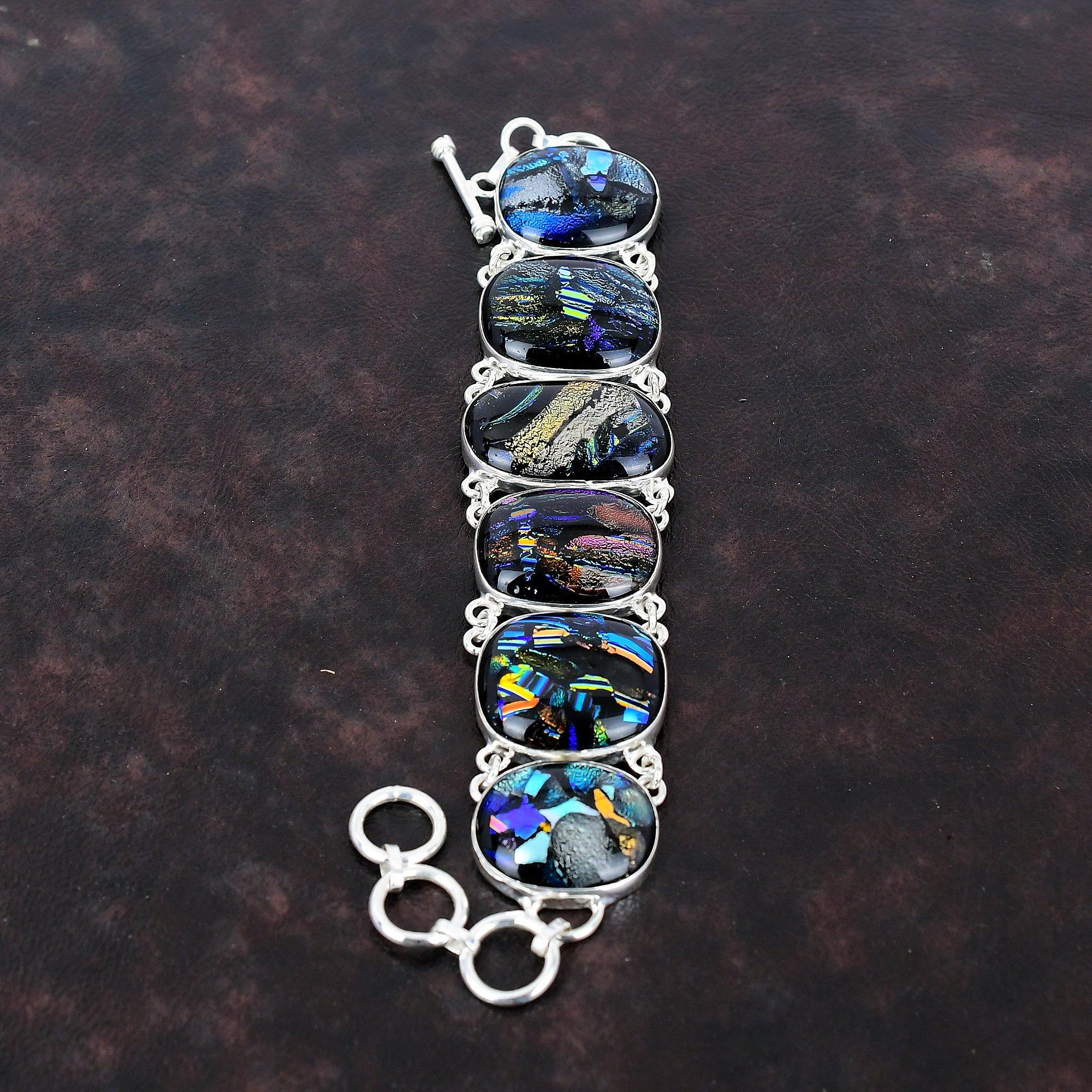 American Dichroic Glass Bracelet 925 Sterling Silver Bracelet Adjustable Chain Bracelet Handmade Gemstone Bracelet Silver Jewelry For Gifts