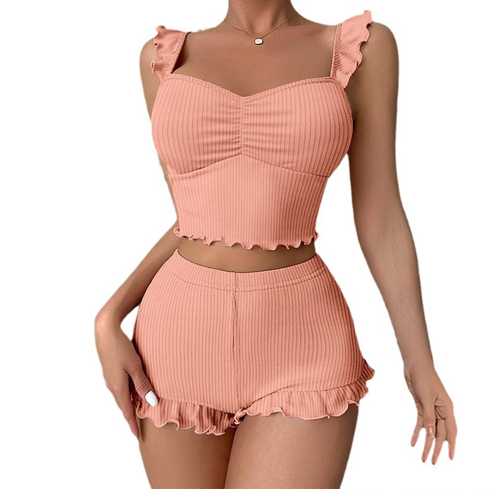 2 ks/sada Dámské letní pyžamové soupravy nárameníky Jednobarevné nitě bez rukávů nízkého střihu elastické krátké triko s vysokým pasem slim fit šortky domácí oblečení
