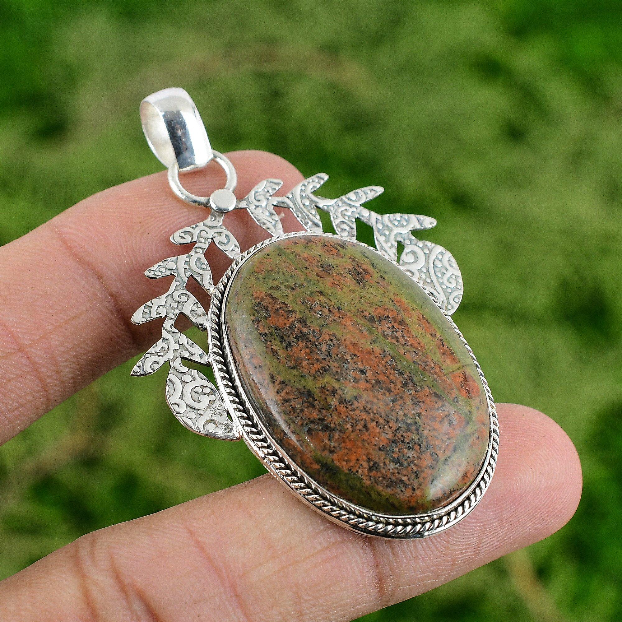 Daughters Day Sale Unakite Gemstone Wife Bezel Boho Pendant 925 Sterling Silver