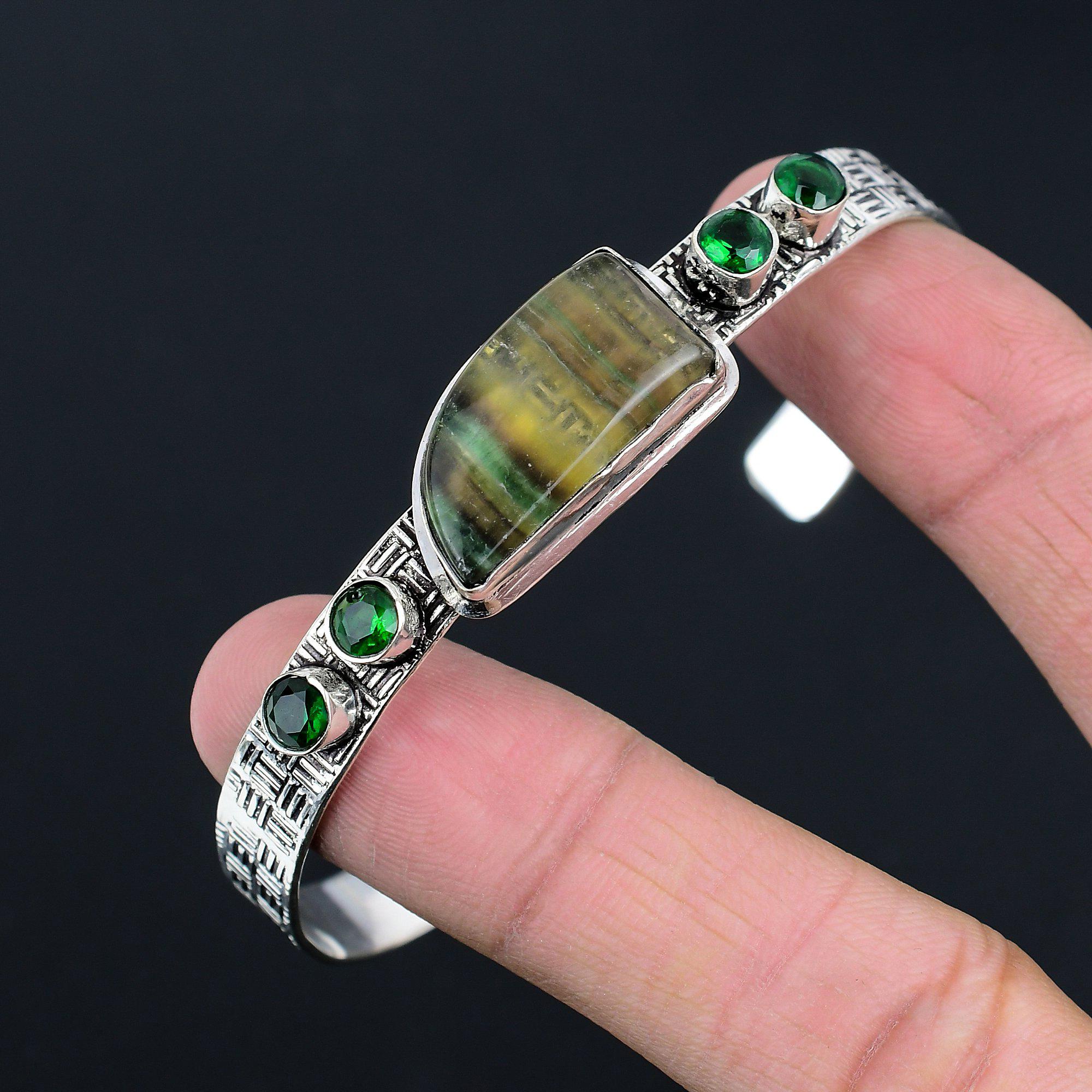 Bracelet en pierre gemme Fluorite Multicolore Naturelle Argent Sterling 925 Réglable Bijoux