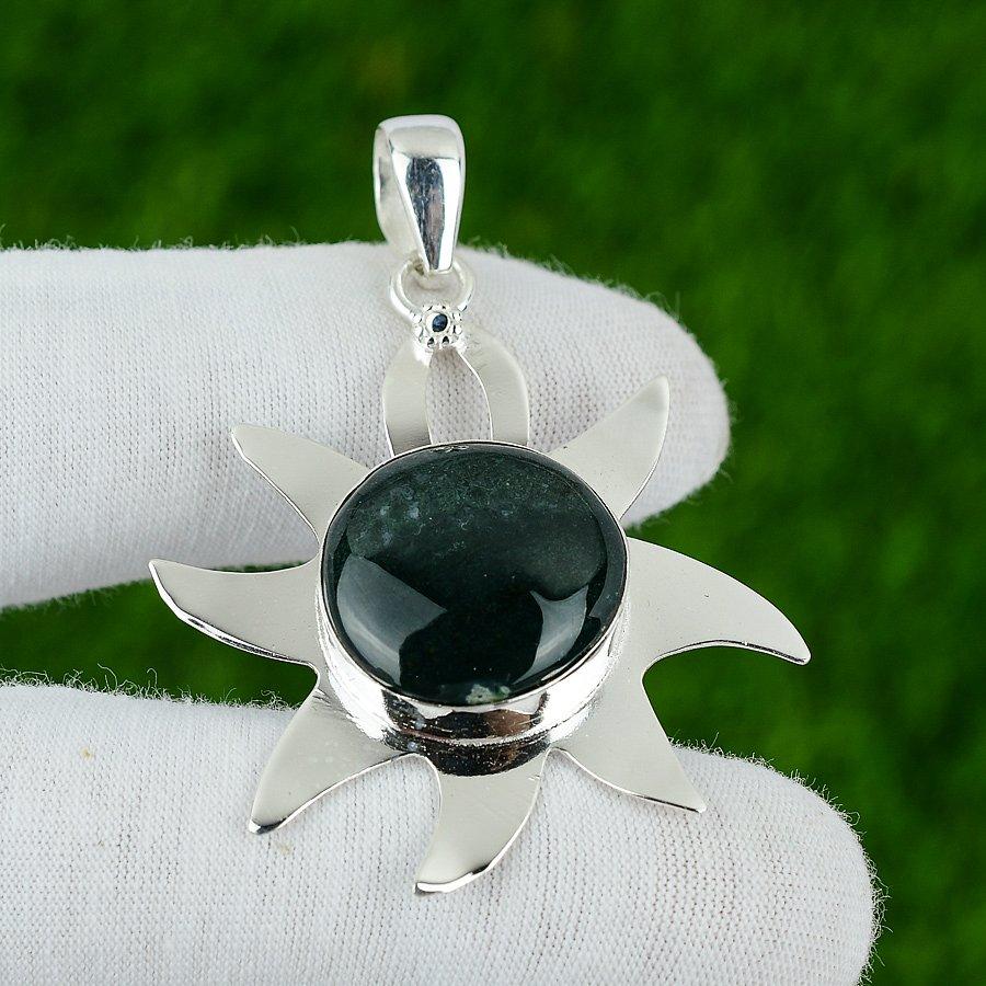 Solar Moss Agate Gemstone Bezel Daughter Handmade Pendant 925 Sterling Silver