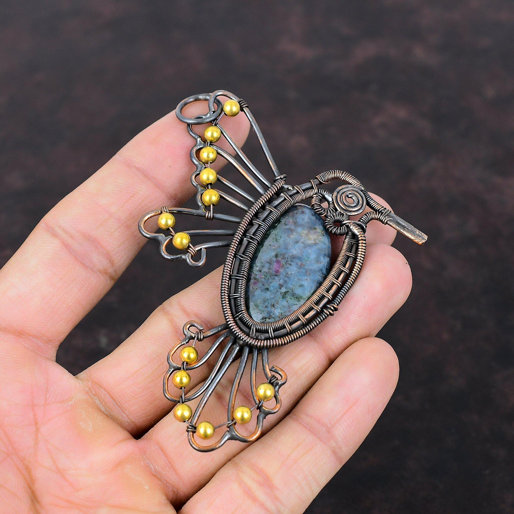Rubin in Blau Kyanit Anhänger Kupferdraht gewickelt Anhänger Vogel Anhänger Handarbeit Designer Anhänger Edelstein Kupfer Schmuck Geschenk zur Verlobung