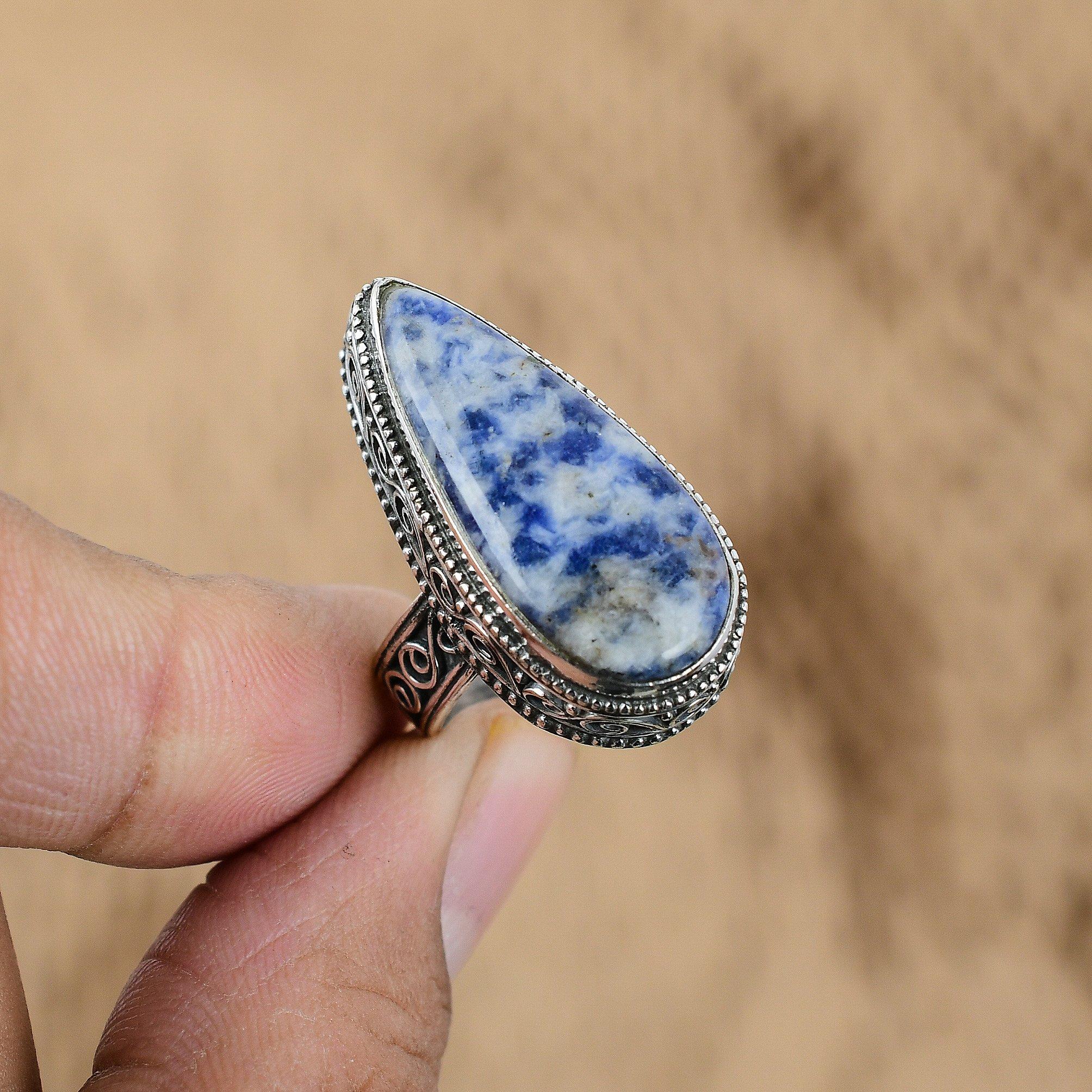 Natural Sodalite Sterling Silver Multi Stone Wedding Vintage Ring Jewelry Size 8