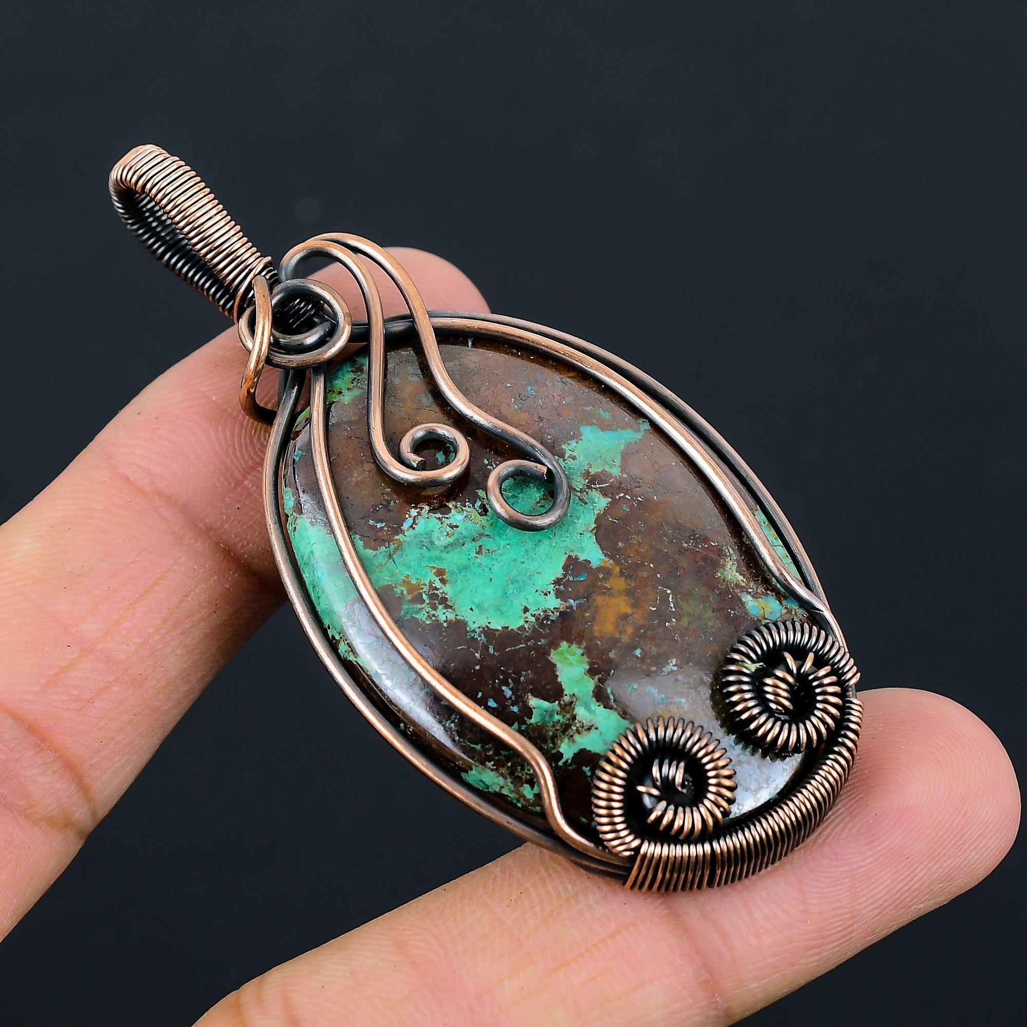 Azurite Gemstone Pure Copper Wire Wrapped Handmade Pendant Jewelry