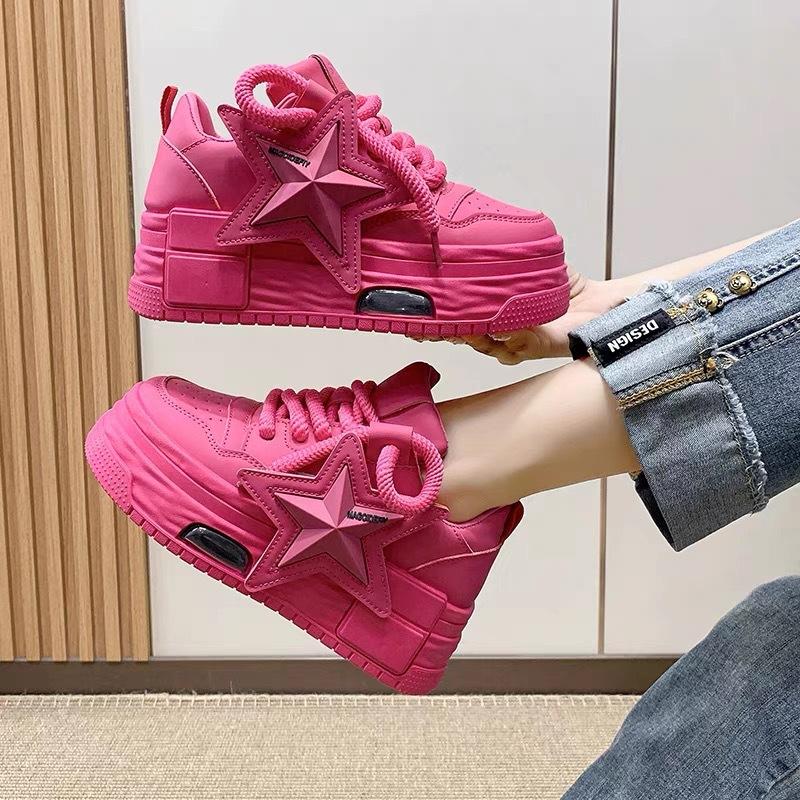 Sneakers for kvinner Utendørs Anti-skli flate sko Mote Uformell snøring tykk såle Sportssko i kunstskinn løpesko for kvinner