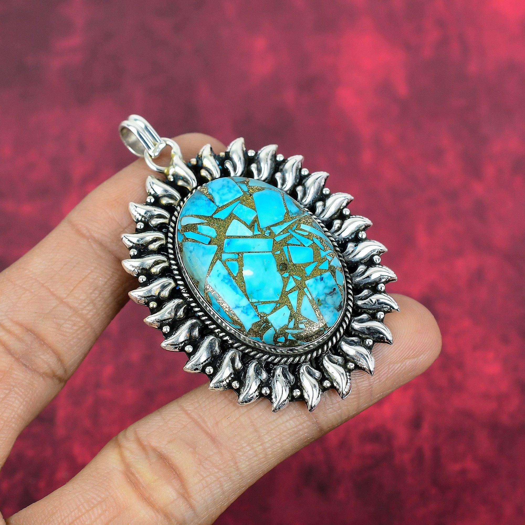 Blue Copper Turquoise Handmade Gemstone Pendant, 925 Solid Sterling Silver Pendant Antique Jewelry, For Engagement Gift