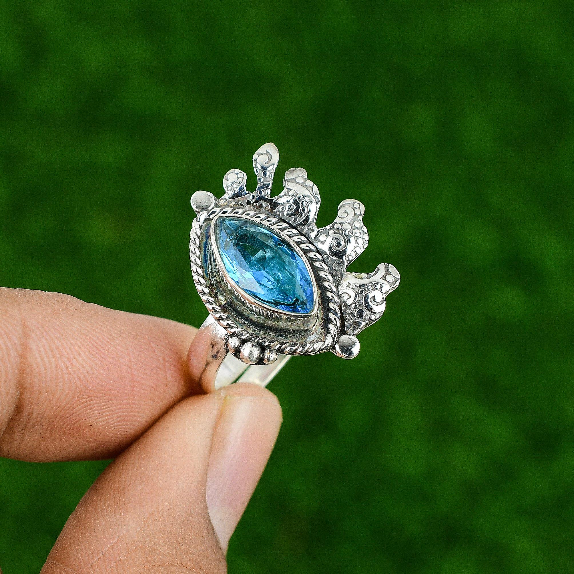 Mothers day Deal 925 Sterling Silver Swiss Blue Topaz Gemstone Promise Wife Ring