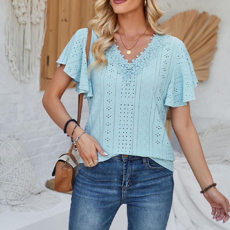 Women's Top V-neck Ruffle Sleeve Solid Color Loose T-shirt