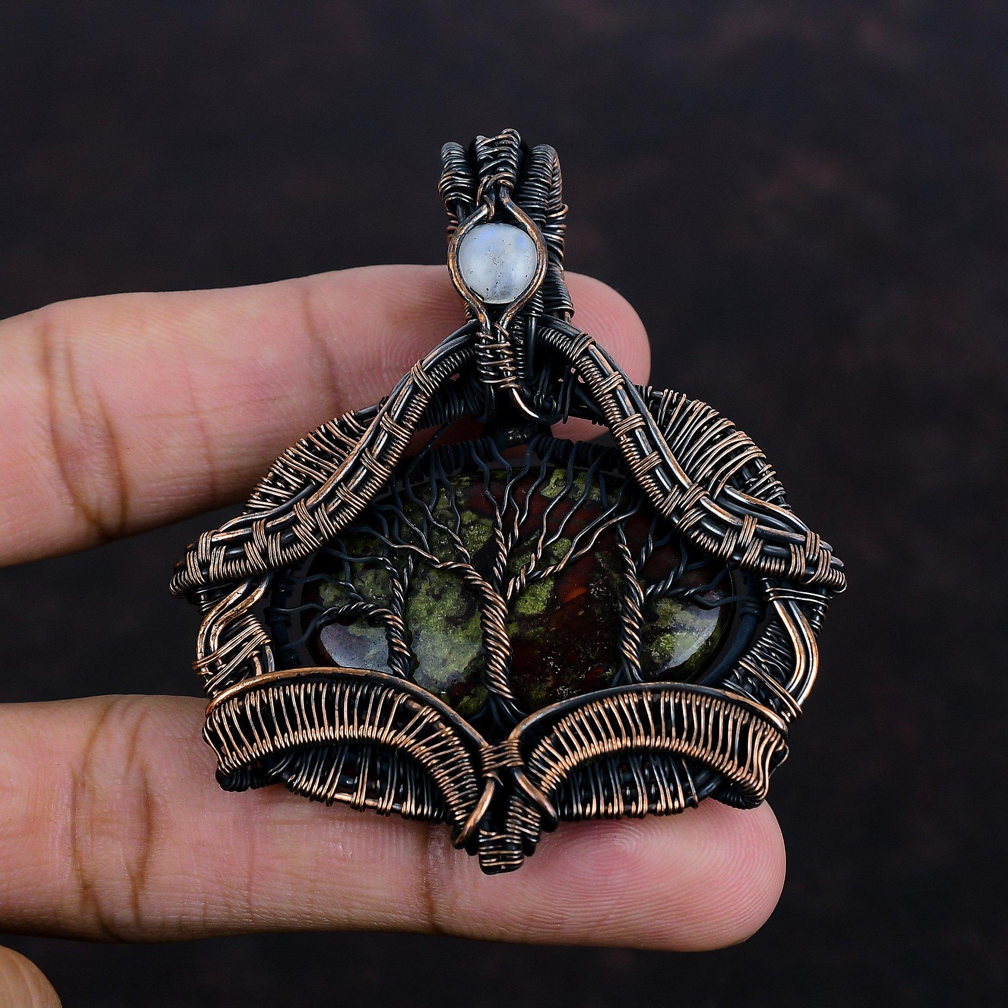 Tree Of Life Dragon Bloodstone Pendant Copper Wire Wrapped Pendant Handmade Jewelry Rainbow Moonstone Pendant Wedding Gift Gemstone Jewelry