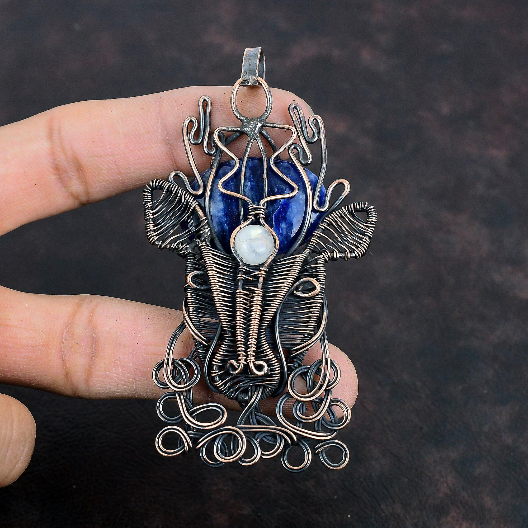 Sodalite Pendant Copper Wire Wrapped Rainbow Moonstone Pendant Wire Wrap Gemstone Jewelry Handmade Deer Face Pendant Copper Jewelry For Gift