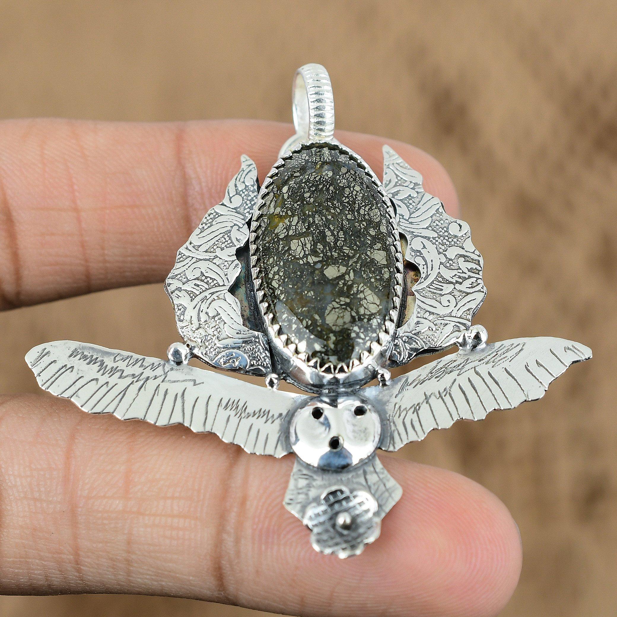 Natural Marcasite Gemstone Jewelry 925 Sterling Silver Pendant Owl For Girls