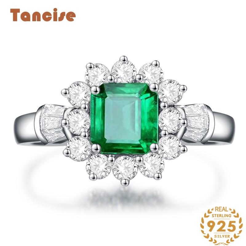 Tancise Jewelry S925 Silver Synthetic Emerald 7*7 Ring.