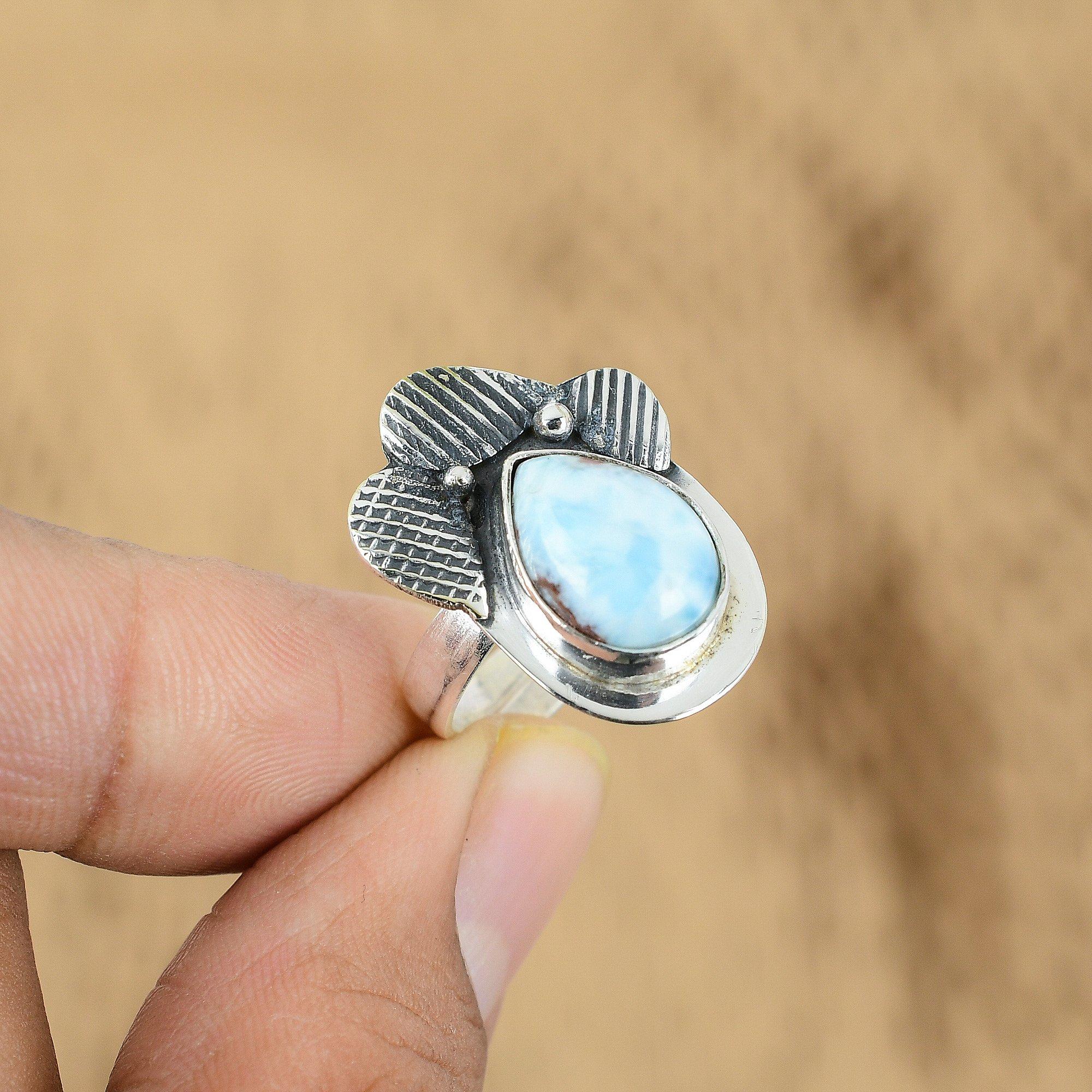Mothers Day Sale 925 Silver Pear Larimar Stone Anniversary Wedding Ring Jewelry