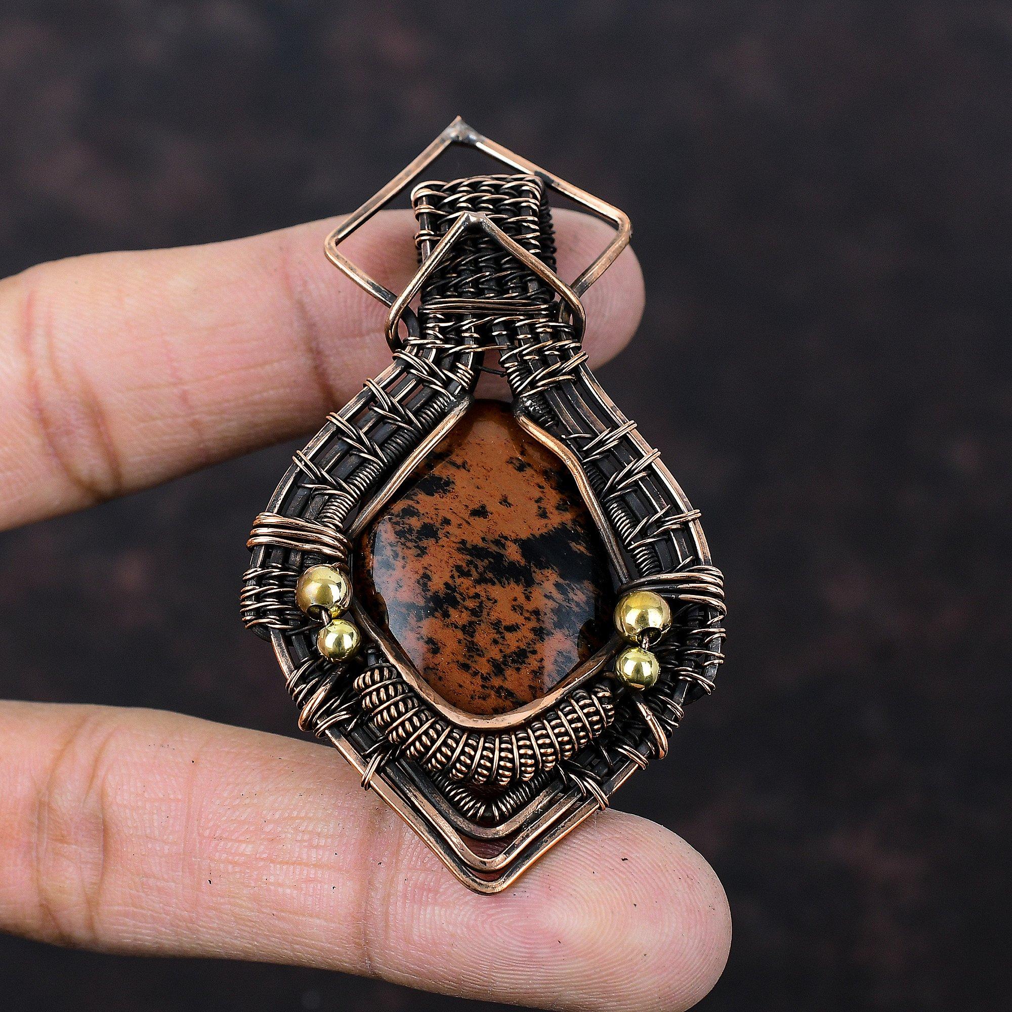 Mahogany Obsidian Pendant Copper Wire Wrapped Pendant Gemstone Jewelry Handmade Modern Style Pendant Copper Wire Wrap Jewelry Gift For Women
