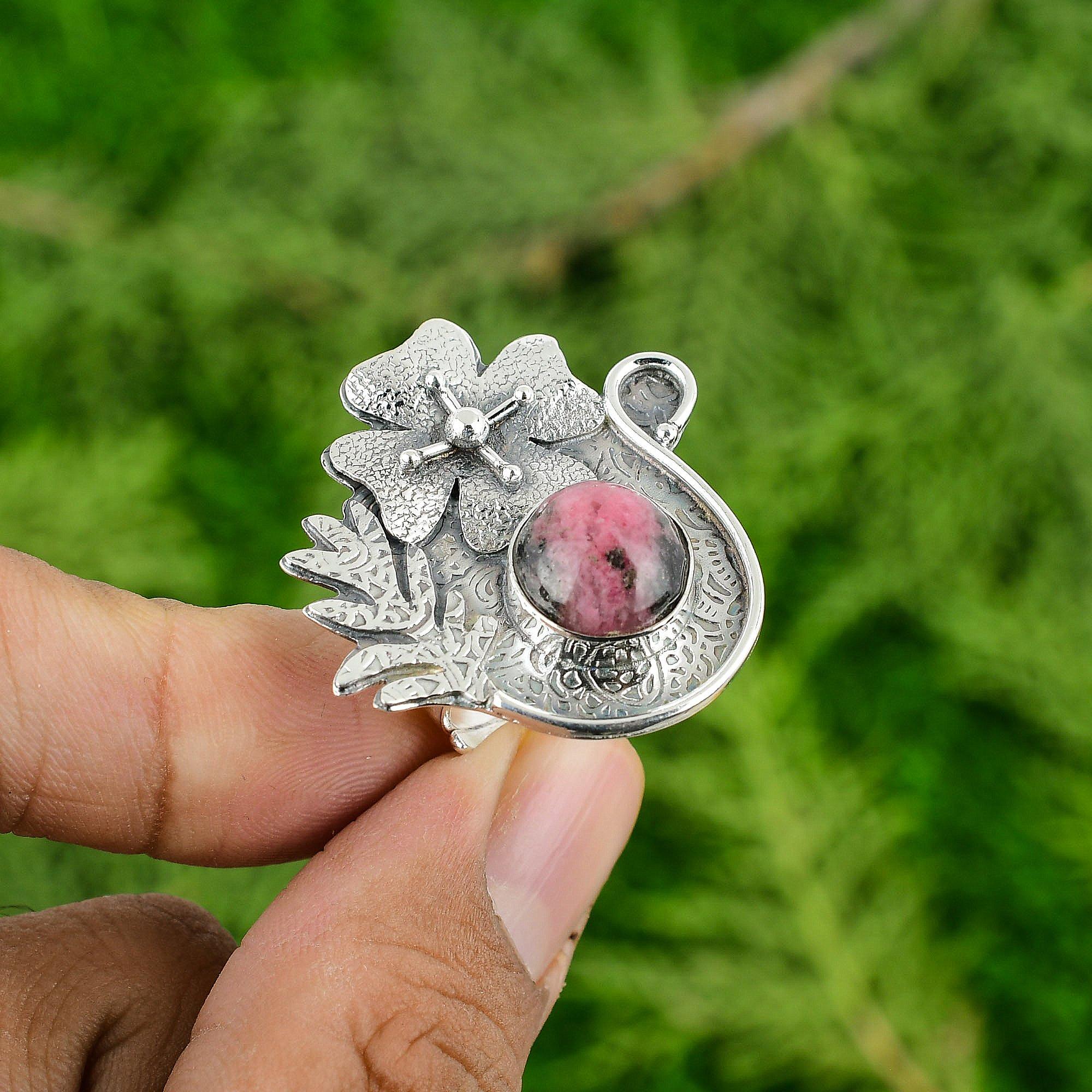 Sterling Silver Round Rhodonite Stone Art Deco Flower Promise Heart Chakra Ring