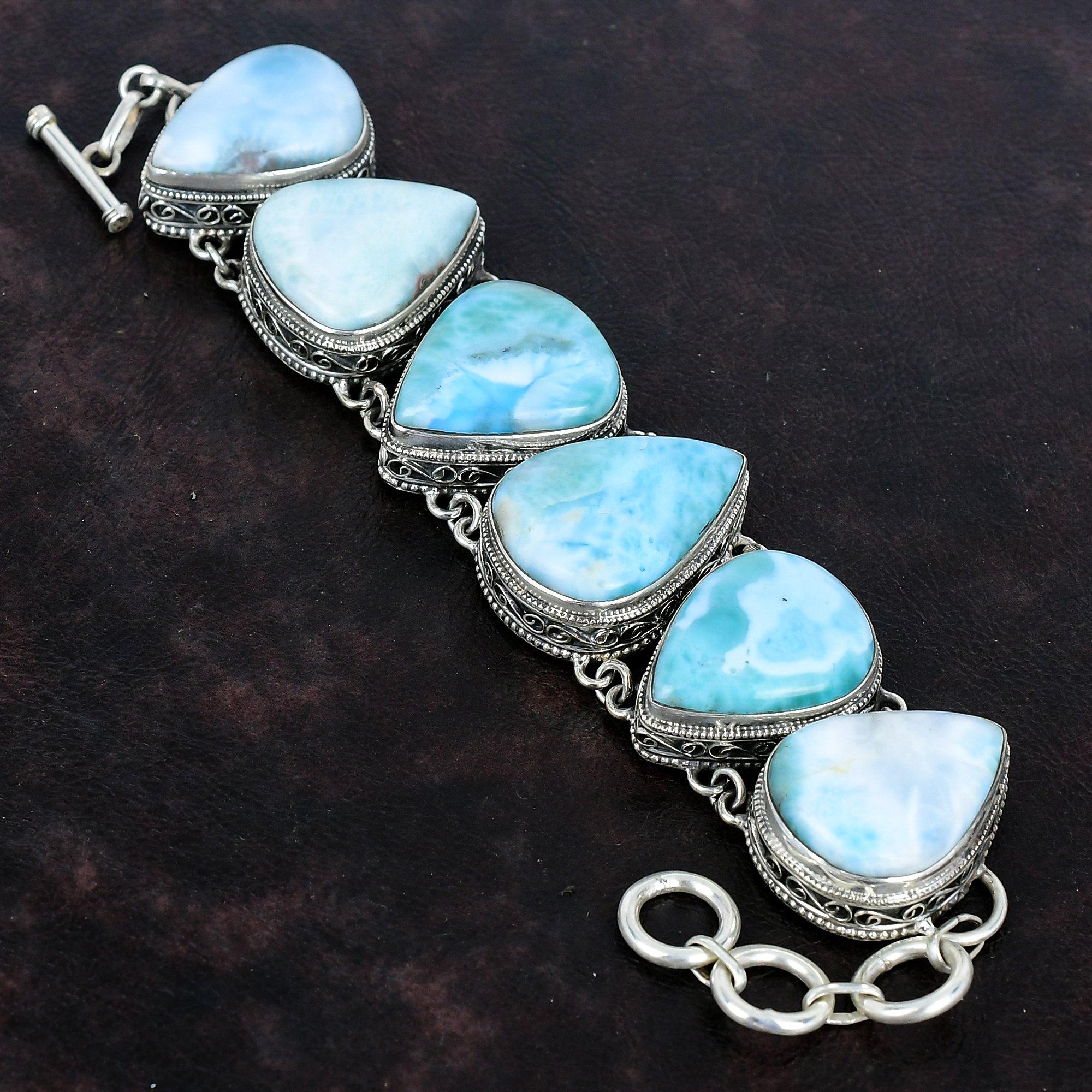 Larimar Bracelet Natural Gemstone Bracelet Vintage Jewelry 925 Sterling Silver Bracelet Handmade Adjustable Chain Bracelet Engagement Gifts