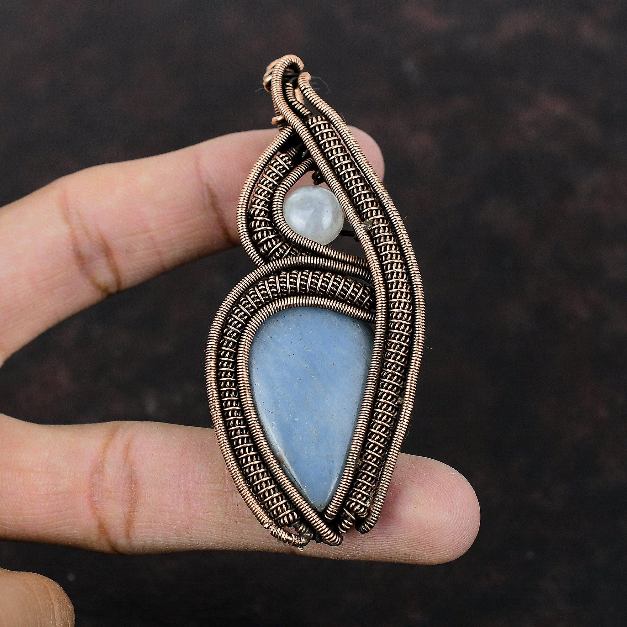 Angelite Pendant Copper Wire Wrapped Pendant Rainbow Moonstone Pendant Handmade Angelite Jewelry Gemstone Pendant Gift For Him Wire Jewelry