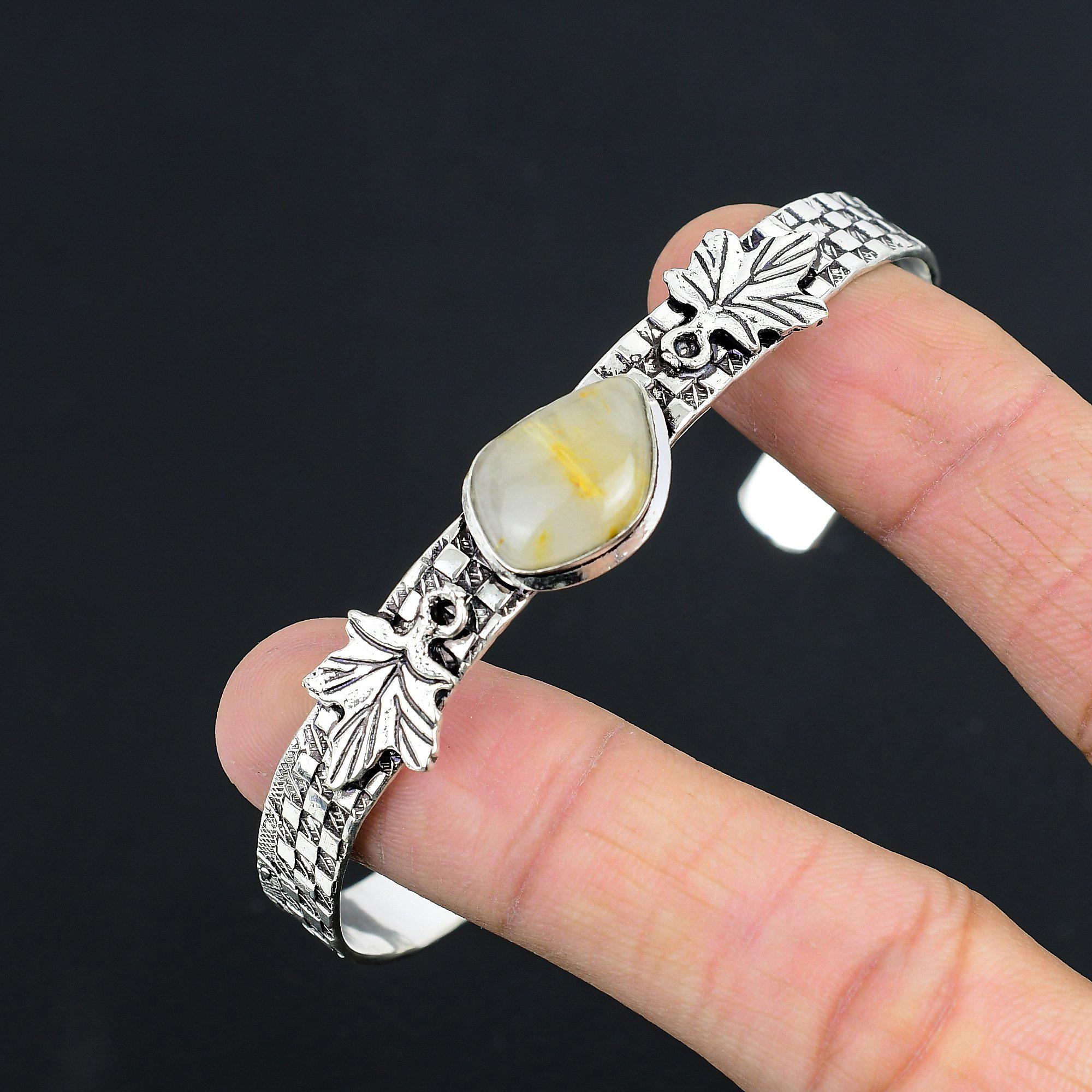 Daughters Day Deal 925 Silver Natural Golden Rutile Artisan Wife Birthday Bangle