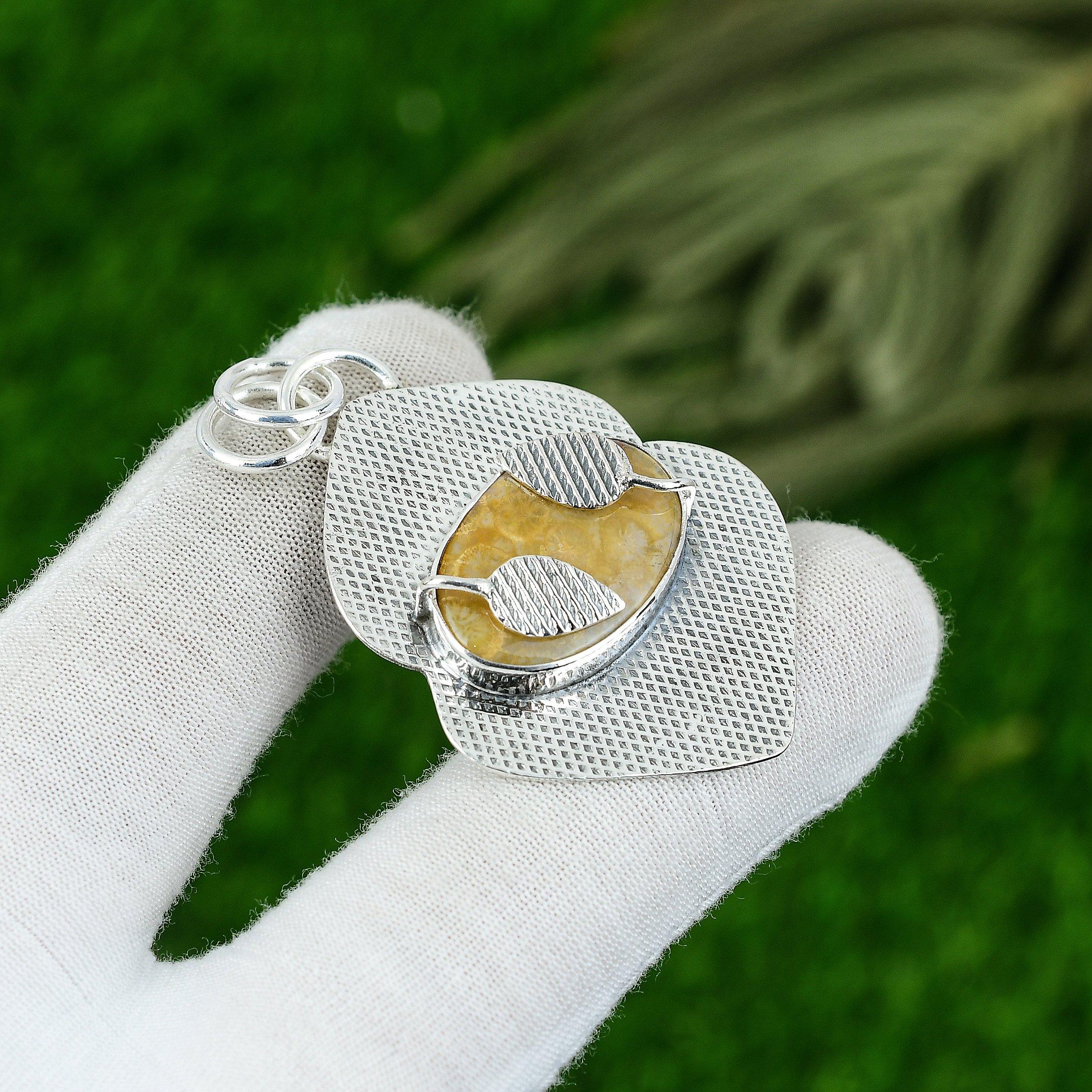 Natural Fossil Coral Gemstone Jewelry 925 Sterling Silver Pendant For Girls