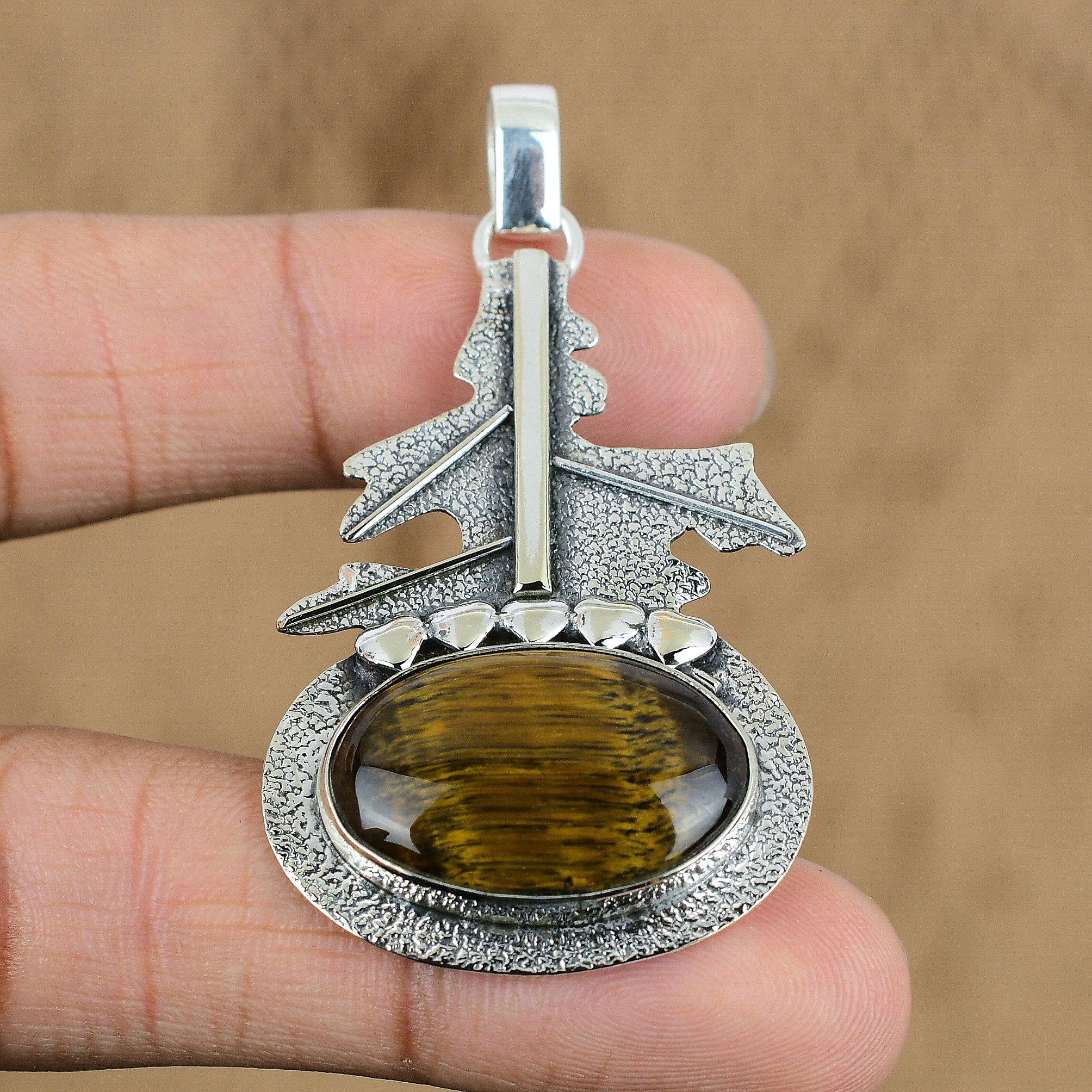 Natural Tiger'S Eye Gemstone Pendant 925 Sterling Silver Jewelry For Girls