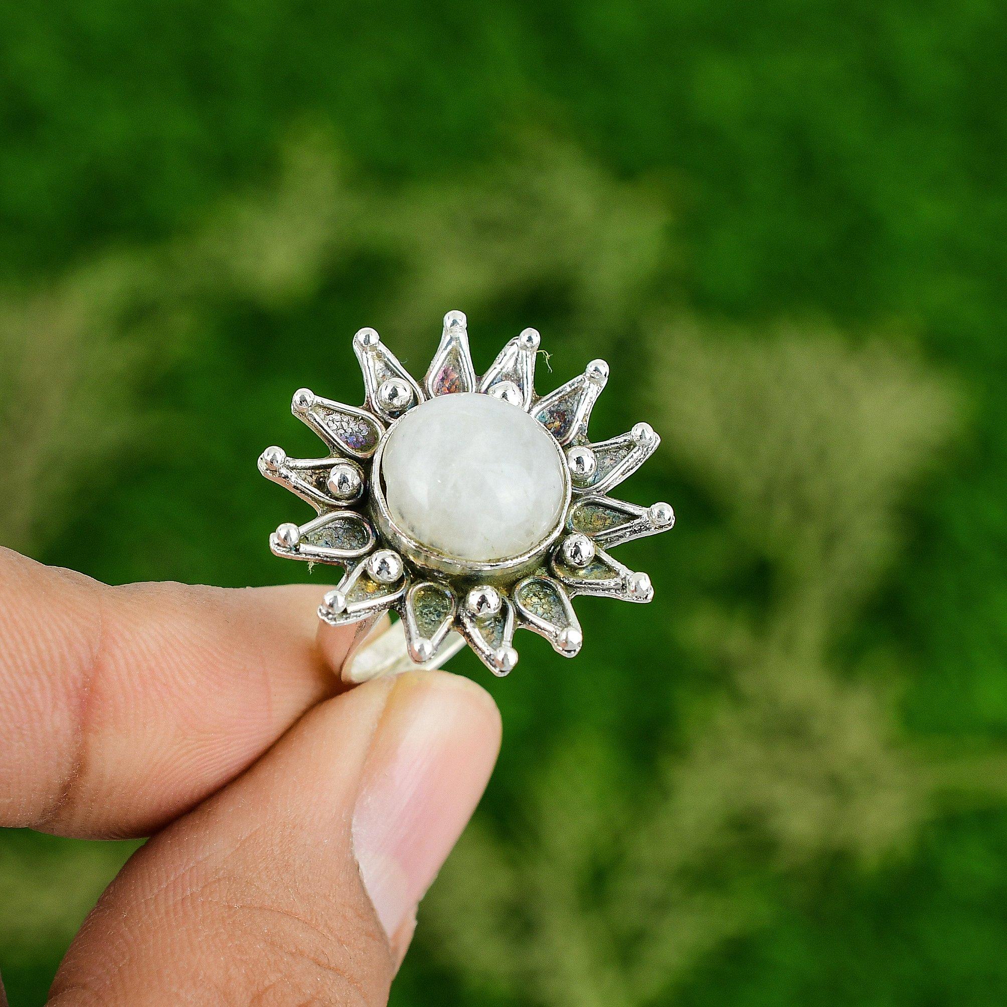 Mothers day Sale Sterling Silver Natural Rainbow Moonstone Flower Promise Ring